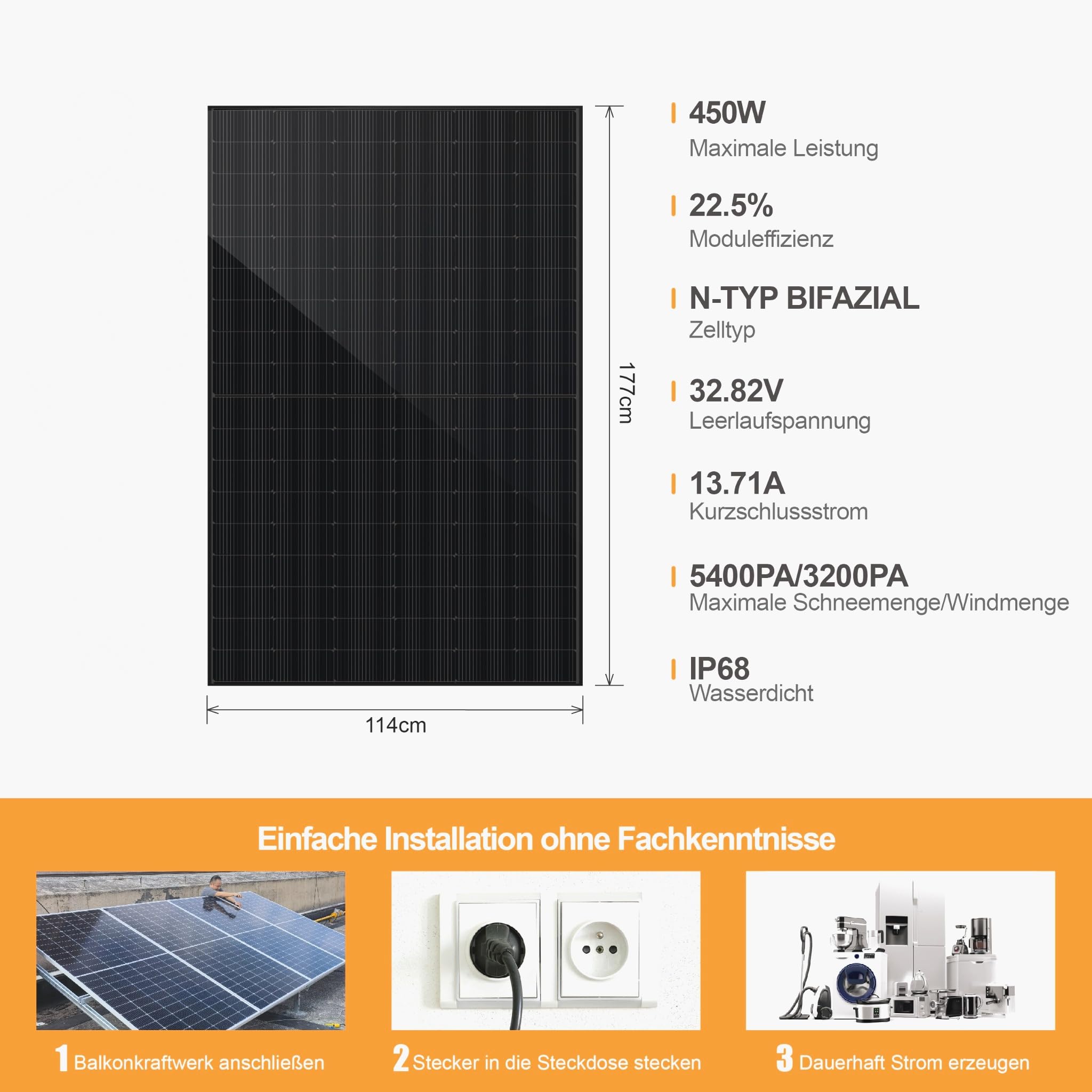Solarmodul 450W N-Type bifazial, monokristallines Doppelglas Solarpanel, 40V Photovoltaik PV Modul für Balkonkraftwerk & Solaranlage, hohe Effizienz, 30 Jahre Leistungsgarantie (1 Stück)