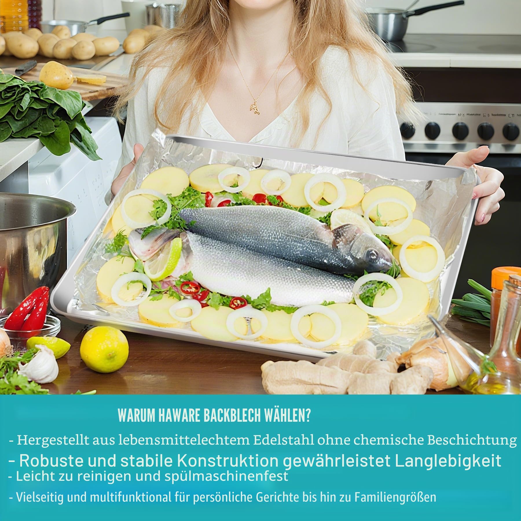 HaWare Extra großes Backblech-Set, 2er-Set, Edelstahl-Ofenblech – 45 x 33 x 2,5 cm, Keksblechpfanne zum Backen, Kochen, Servieren, gesund und ungiftig, leicht zu reinigen und spülmaschinenfest