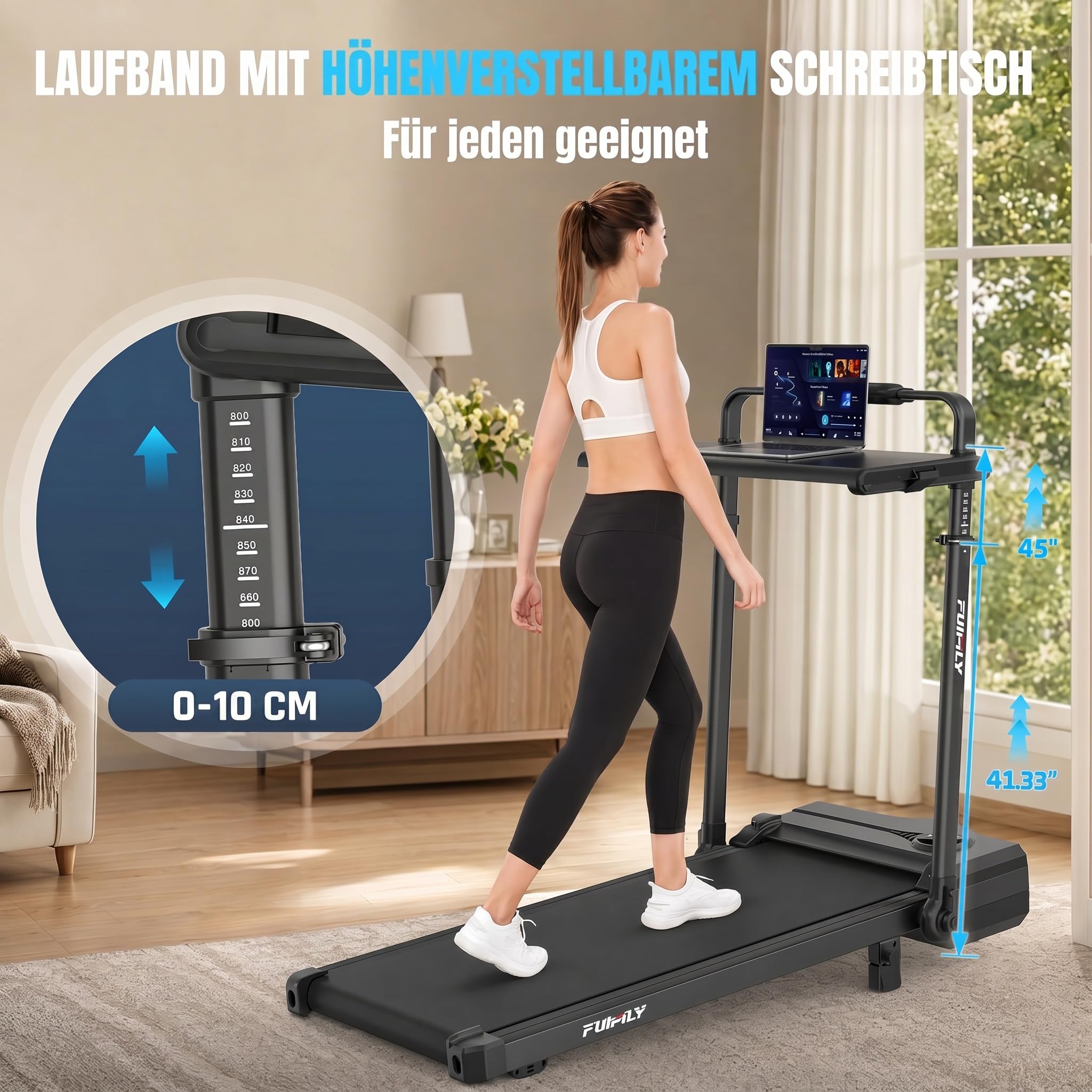 Walking Pad Laufband für Zuhause Klappbar - Walking Pad mit Steigung 9%, 8 in 1 Schreibtisch Laufband mit verstellbarem Handlauf 105-115 cm, 3.5 PS Leise Treadmill für Home Office & Büro bis 150 kg