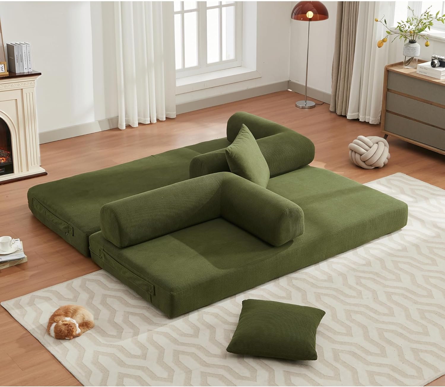Convertible Sleeper Sofa Bed with Cylindrical Pillow, Corduroy Folding Mattress Couch with Fixed-Shape Frame, Floor Sofa Lounge Couch for Living Room Bedroom Lounge Studio-Green