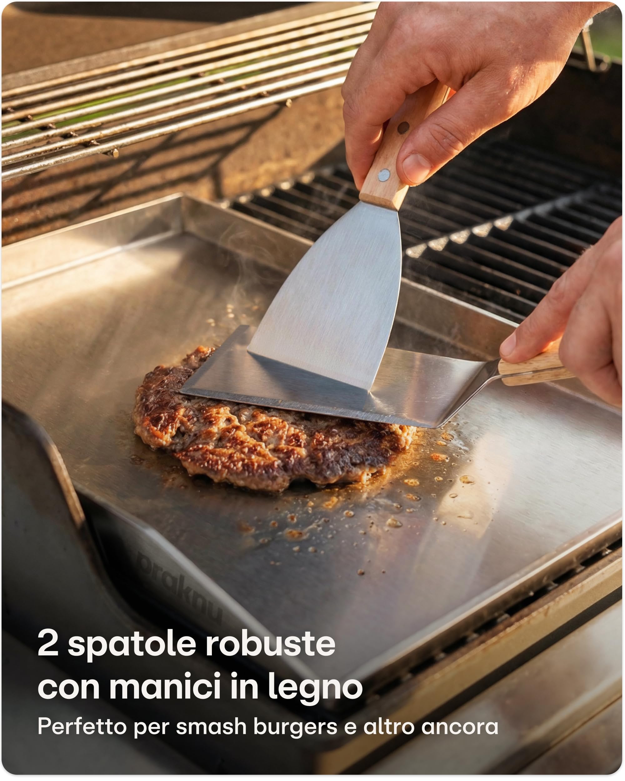 Praknu Piastra Plancha da Barbecue (30x40cm) – Piastra per Barbecue a Gas per Smash Burger– 2 Spatole Incluse – Piastra di Cottura per Barbecue a Gas e Carbonella – Piastra in Acciaio Facile da Pulire