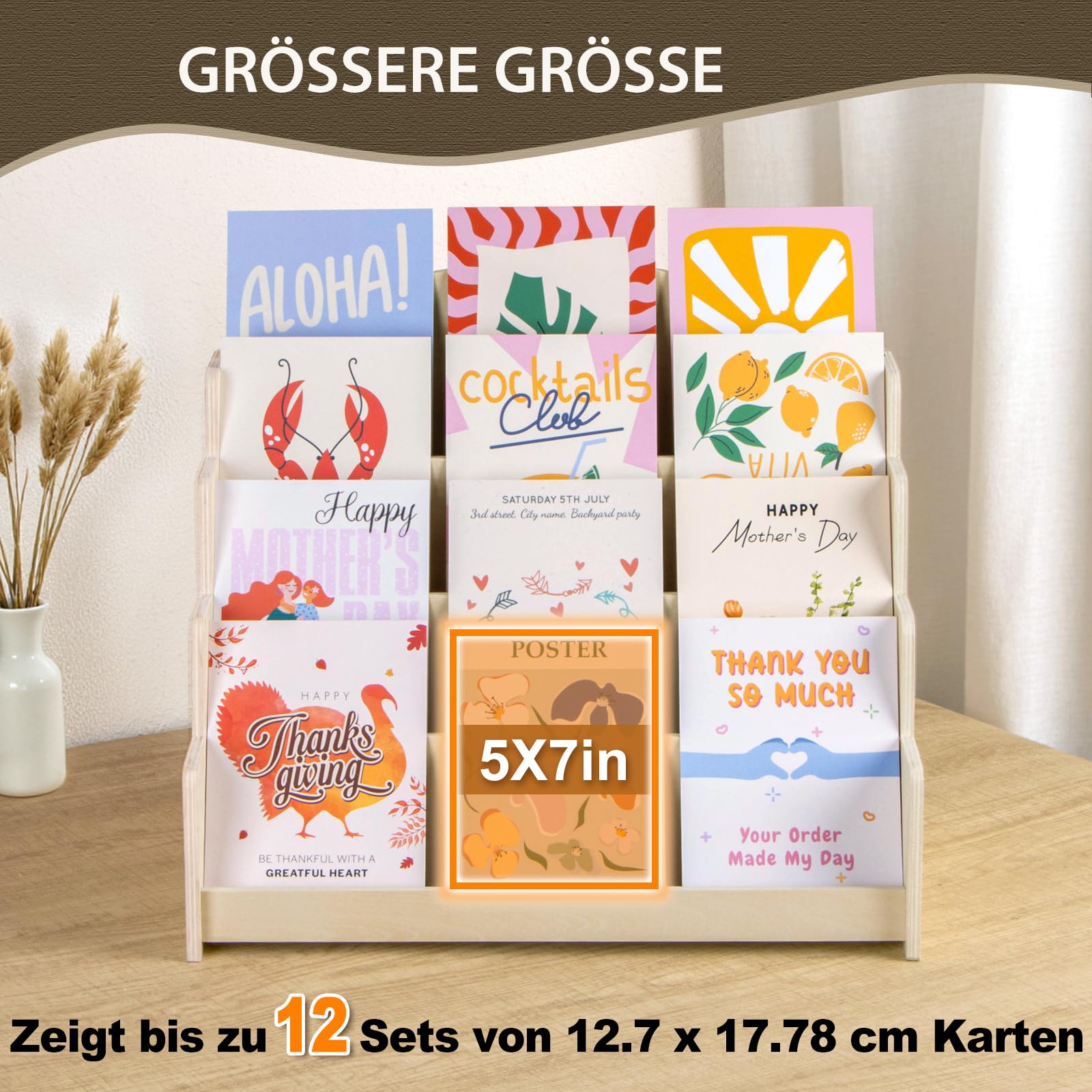PUERSI Kartenständer Postkartenständer holz, Kartenaufsteller Postkartenhalter Karten Ständer Postkarten Aufbewahrung Grußkarten Rustikal, Beige