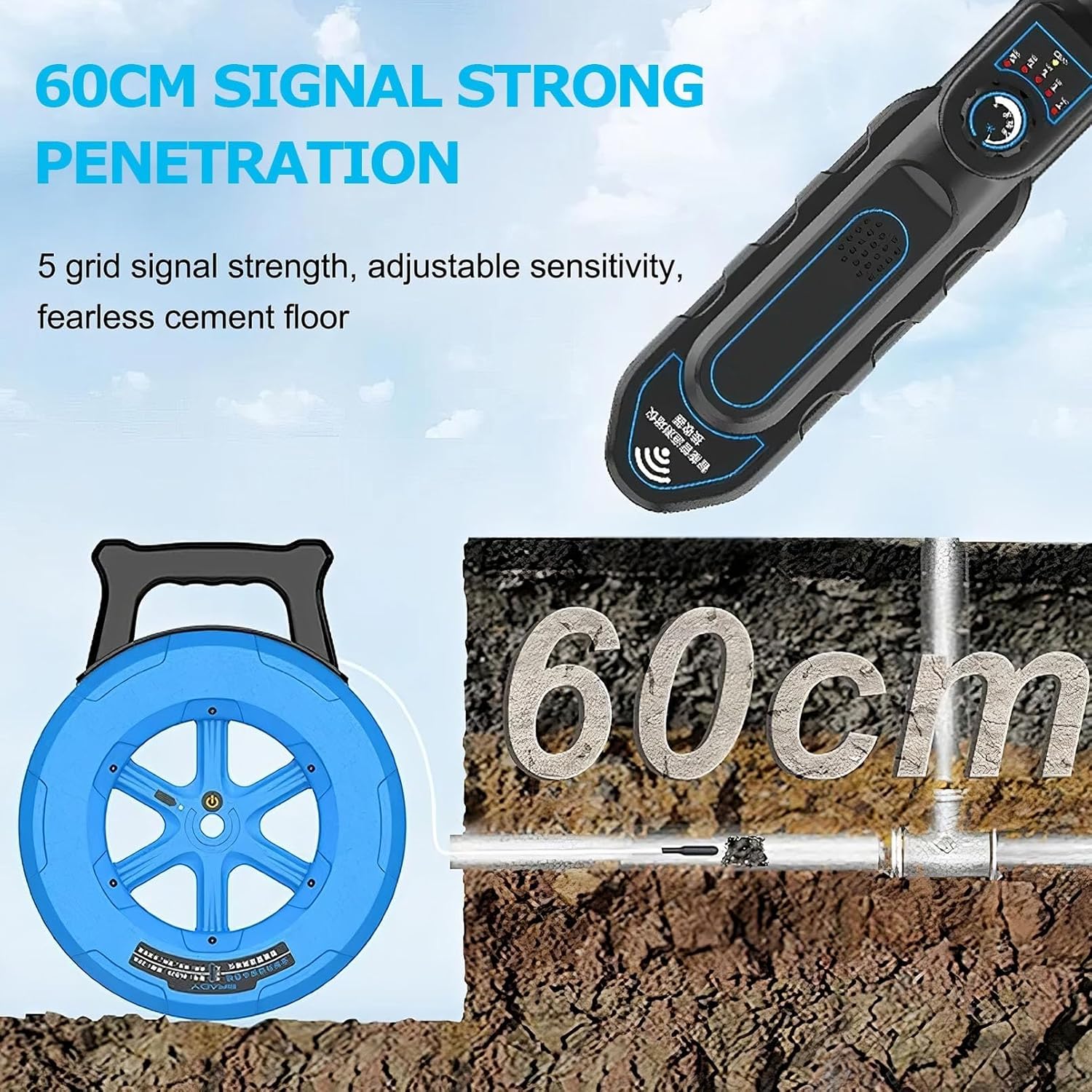 Pipe Blockage Detector Locators-Sensor, Water Pipe Wall Scanner With 8 Probe, 40cm Penetration, Metal PVC Water Pipes Clogging Tool(30m)
