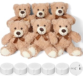 6 Pack 14" Bears Stuffed Animals with Voice Recorder Set 30 Seconds Voice Sound Recorder Plush Bear Stuffed Animal with Zipper Sound Bin for Birthday (Khaki)