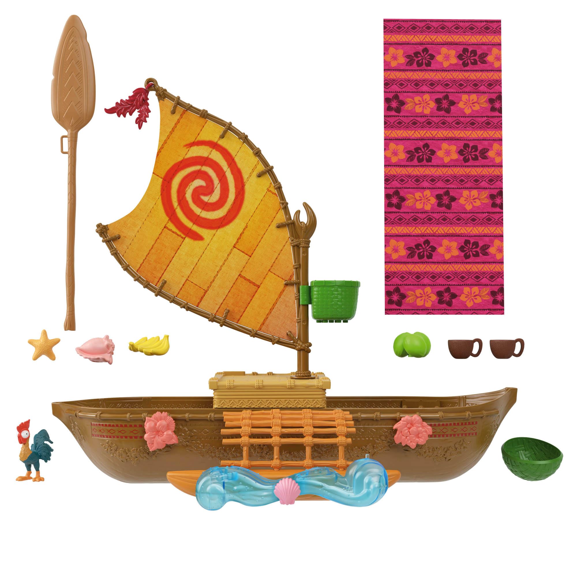 Mattel Disney Moana Ocean Voyager Canoa Floating Boat Playset | 5 aree di gioco, 9 accessori, Heihei Animal Figure & Seesaw, ispirato al film Disney