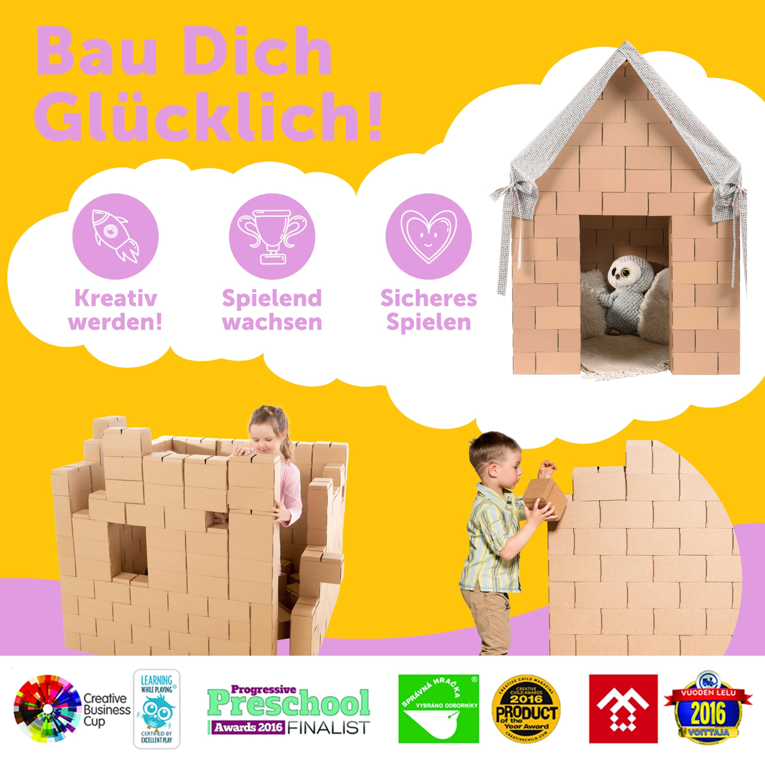 Gigi Bloks Spielhaus Kinder Indoor | Baukit mit 203 XXL Bausteine zum Erstellen von Papphaus für Kinder | Robustes Kinderbett Haus Konstruktionsspielzeug & Einfach zu Montierende Spielzelt