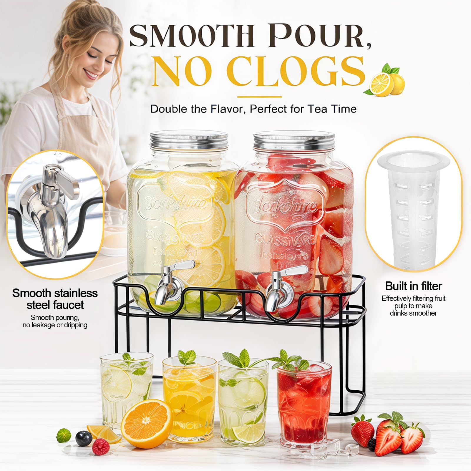 2 x 6L Glas-Getränkespender mit Ständer, Getränkespender, Glas-Wasser-Saft-Spender mit Zapfhahn aus massivem Edelstahl für geeiste Säfte, Wasser, hausgemachte Getränke, Partys, Hochzeiten