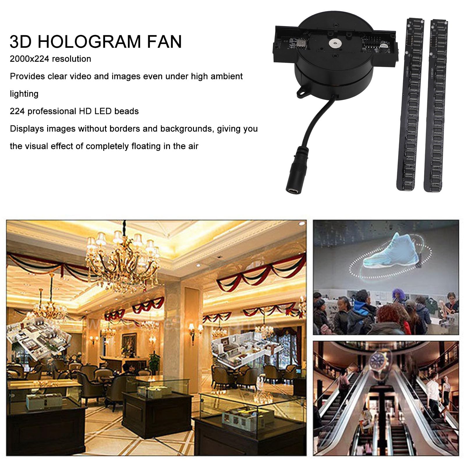 Ventilador de Holograma 3D WiFi Holográfico 3D Ventilador de Pantalla Publicitaria 224 Cuentas LED Pantalla de Alta Resolución para iOS (Enchufe de la UE)