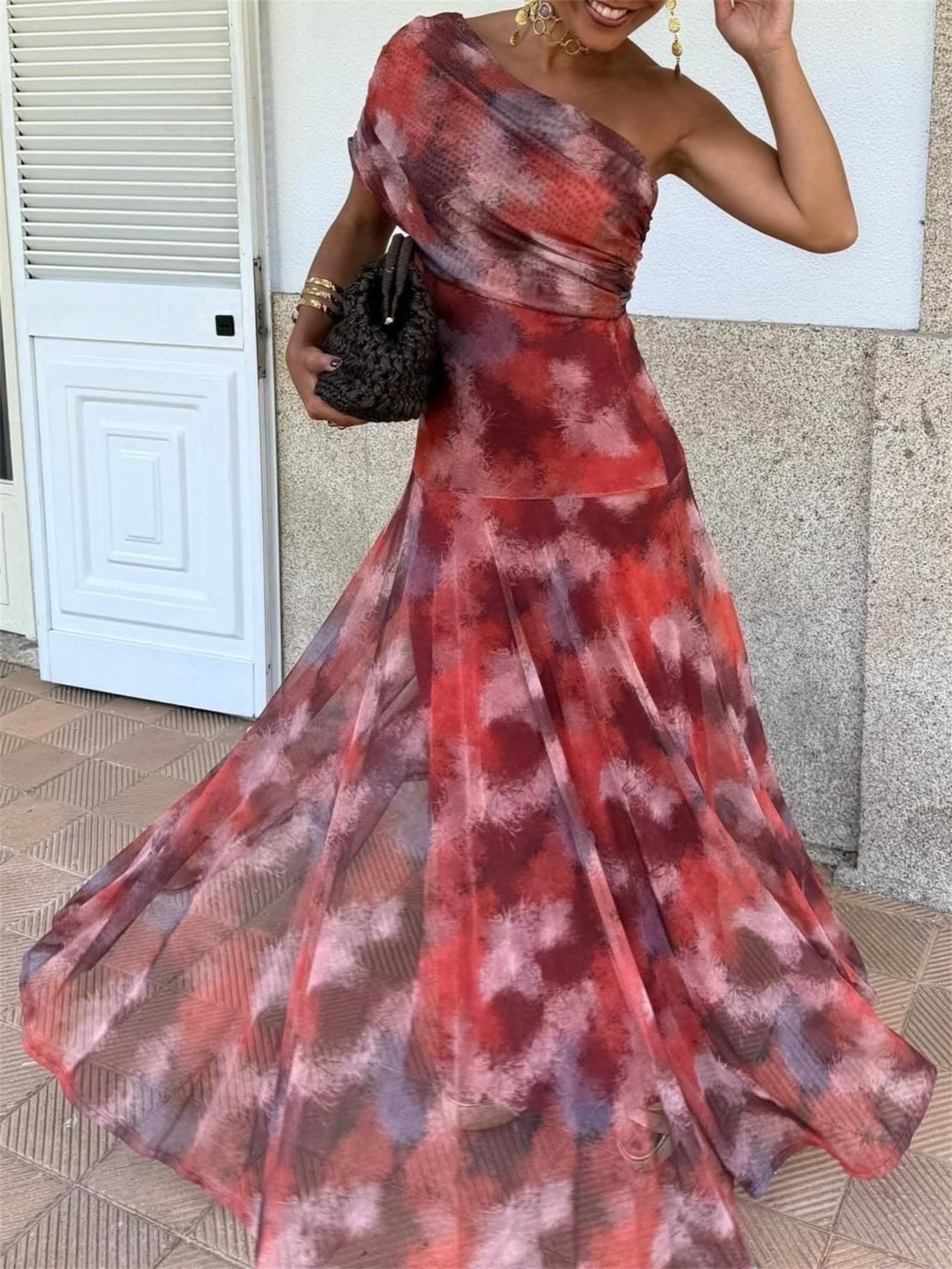 Abito Lungo Aderente da Donna Sexy con Spalle Scoperte, in Chiffon, svolazzante, Casual, per Feste, Matrimoni, Senza Maniche, Plissettato