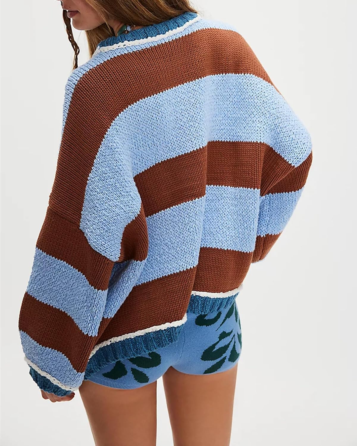 Womens Oversized Striped Color Block Sweater Crew Neck Long Sleeve Loose Pullover Fashion Sweater Tops - Image 4