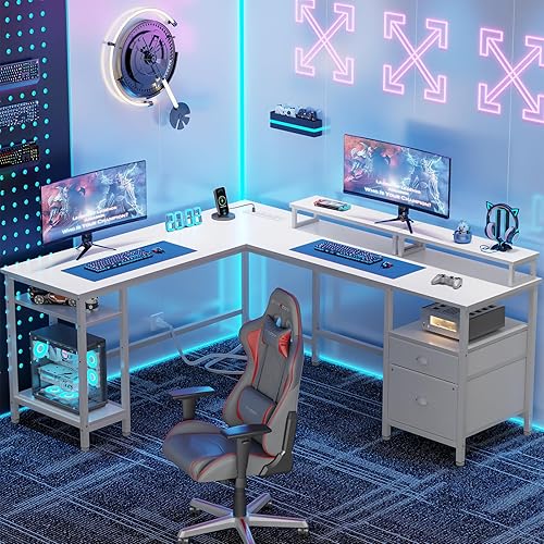 Miniatura 2 de Furologee Escritorio blanco en forma de L de 59 pulgadas con toma de corriente, escritorio reversible para computadora con cajón de archivos y 2