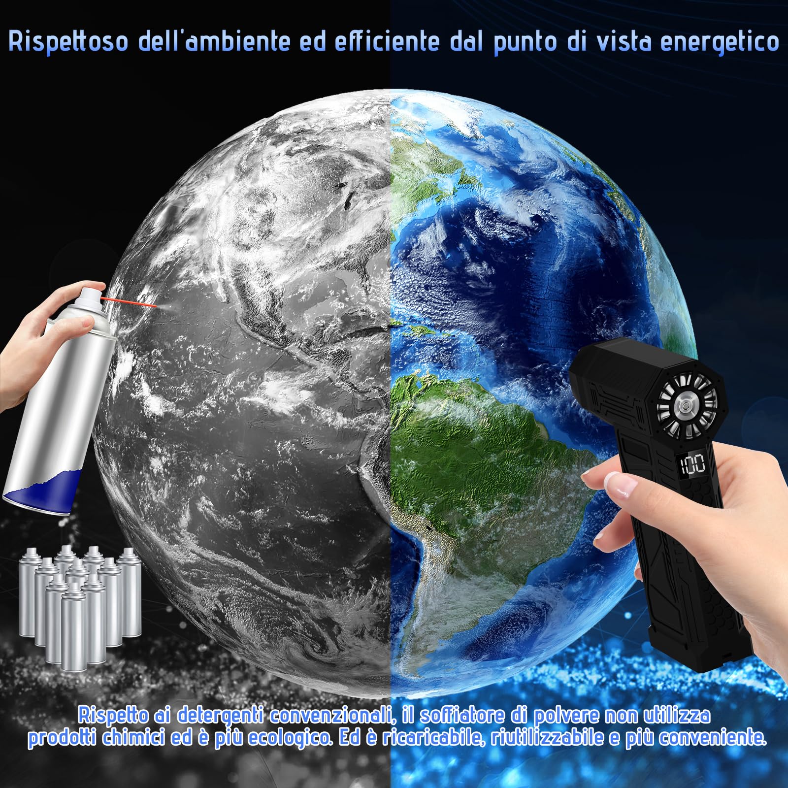 Zosudull Aria Compressa Spray Elettrico con display a LED, Spolverino ad aria compressa 180000 U/min Air Duster del ventilatore di polvere con torcia elettrica(10000mAh), turboventilatore a 4 velocità