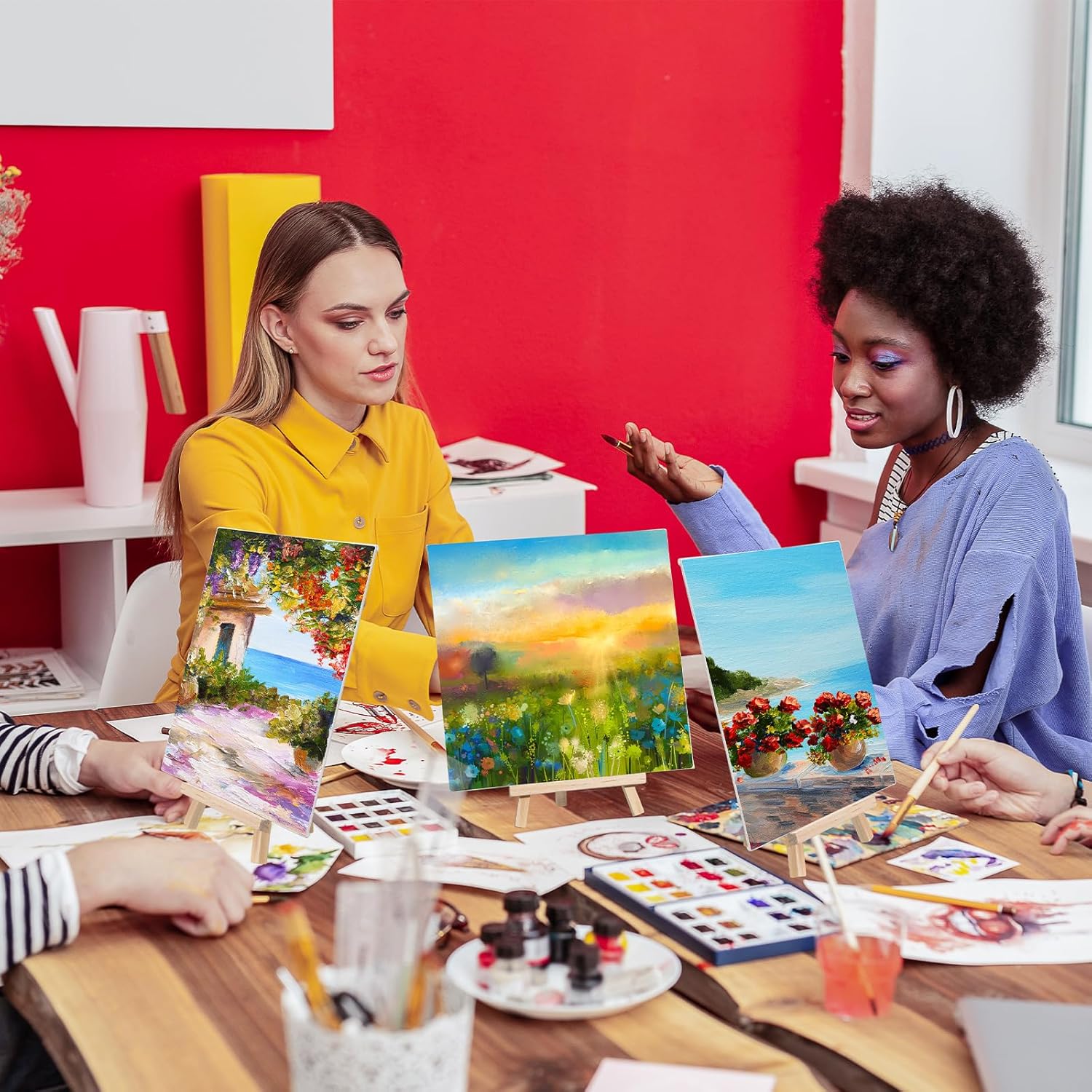 MotiMind 36 Pcs Mini Canvas and Easel Set for Painting, 8 x 8 Inch Canvas Panels with 8 Inch Wooden Easels for Oil Acrylic Painting Christmas Birthday Valentine's Mother's Day Art Crafts Party Favors