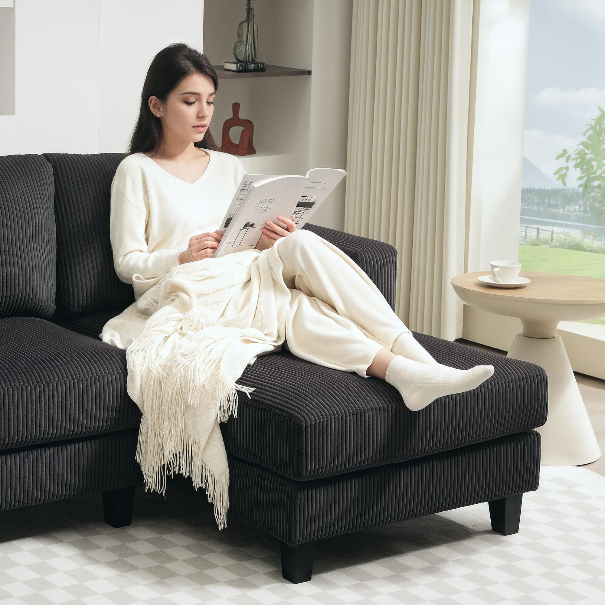 HOMCOM Ecksofa Couch mit Chaiselongue L Form 214 x 134 x 87 cm Dunkelgrau | 3 Sitzer Sofa, Gepolsterte Eckcouch mit Cord-Optik, Hochdichtem Schaumstoff, bis 400 kg, für Wohnzimmer, Schlafzimmer