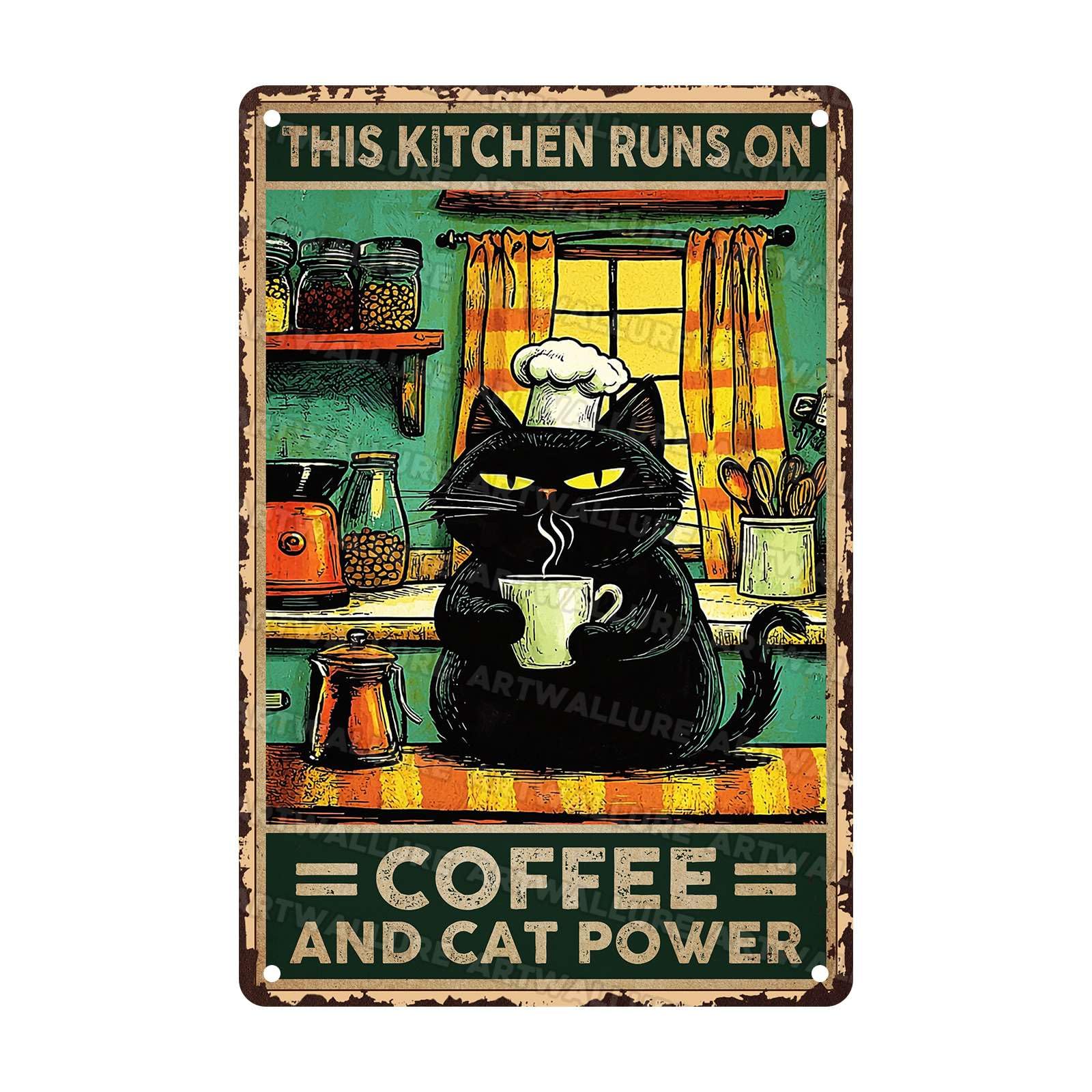 Rustic Metal Tin Sign This Kitchen Runs on Coffee and Cat Power Black Cat Wall Art Vintage Retro Kitchen Decor Plaque 8x12Inch