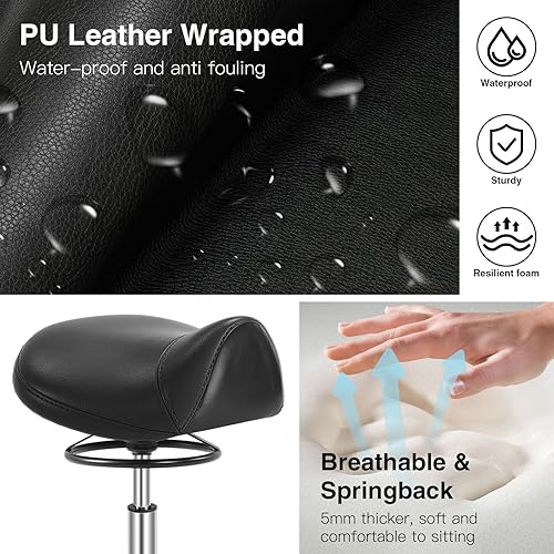 Miniatura 5 de Taburete de silla de montar con ruedas, capacidad de peso de 300 libras, taburete rodante resistente para sala de masaje médico, cocina, spa, dibujo