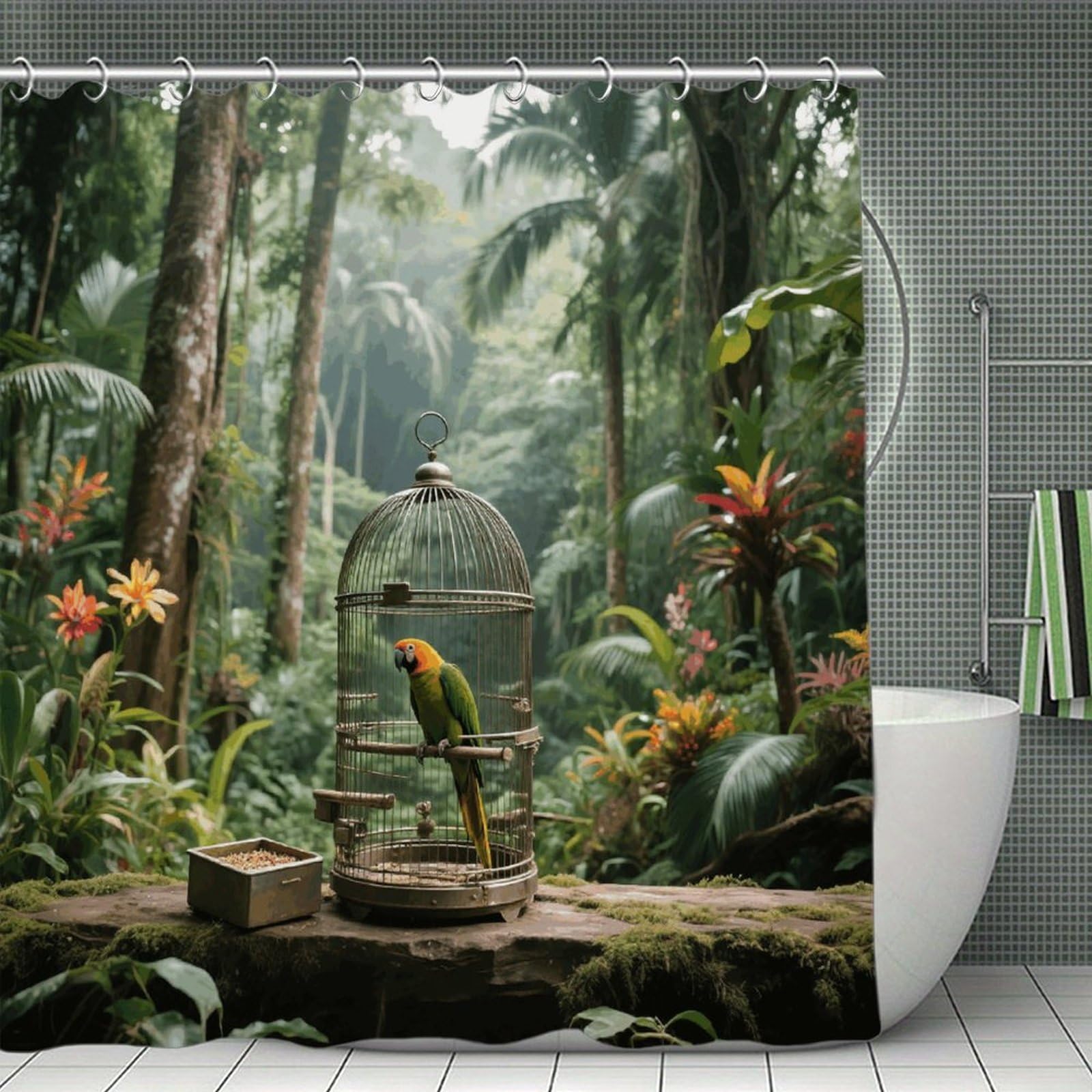 VstaDank Parrot in Rainforest Shower Curtain Waterproof Bathroom Shower Curtain with C Type Hooks Soft Lightweight Shower Curtains Liner Washable Polyester Cloth Shower Liner 71x71 Inch