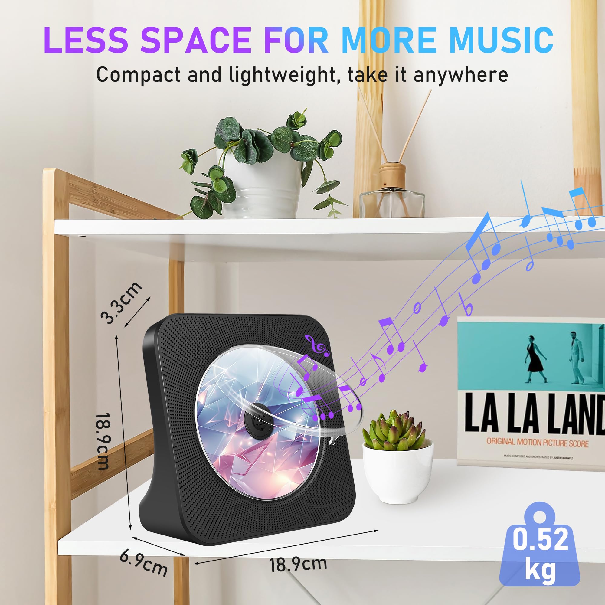 Lettore CD portatile con Bluetooth 5.0, lettore CD domestico con doppi altoparlanti stereo integrati, lettore musicale portatile per auto con Audio Boombox/AUX/USB
