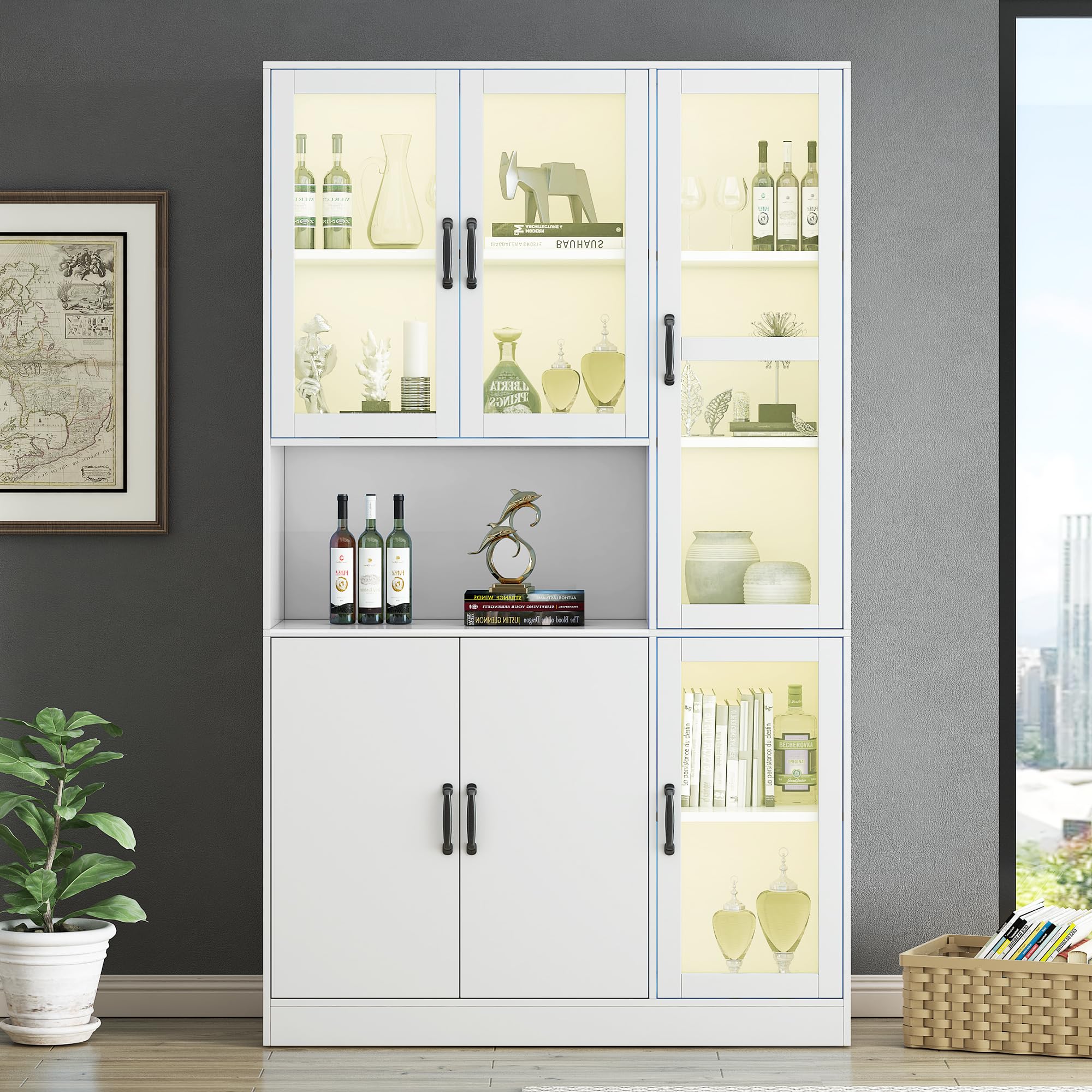 Kebnor Vetrina bianca, scaffali con ante, scaffali da terra per libri, credenza da cucina grande, armadio dispensa, scaffale di lusso con luce LED, armadio vetrina con ripiani (120 x)