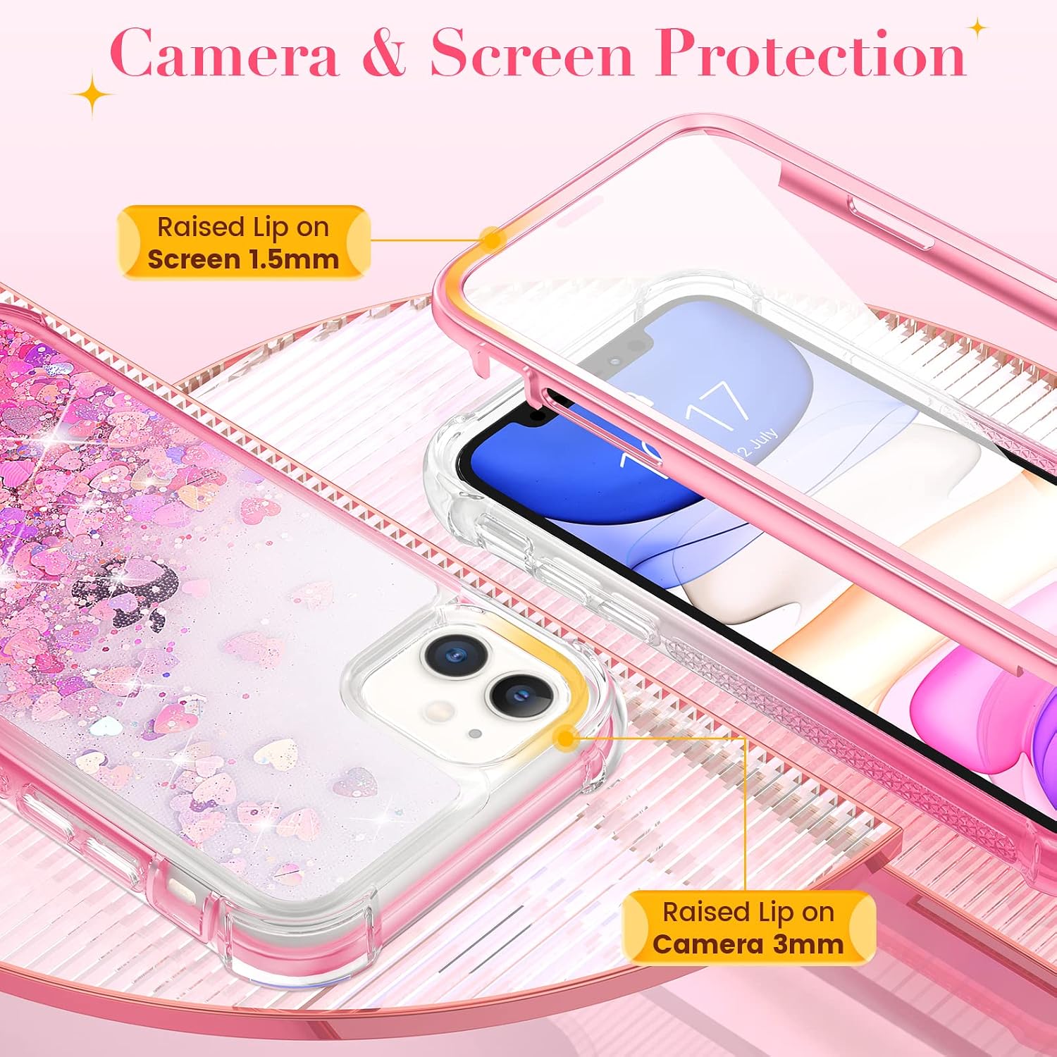 Ruky Case for iPhone 11 Glitter Case Full Body Rugged Liquid Clear Cover with Built-in Screen Protector Shockproof Protective Girls Women Phone Case for iPhone 11 6.1 inches 2019 (Gradient Pink)