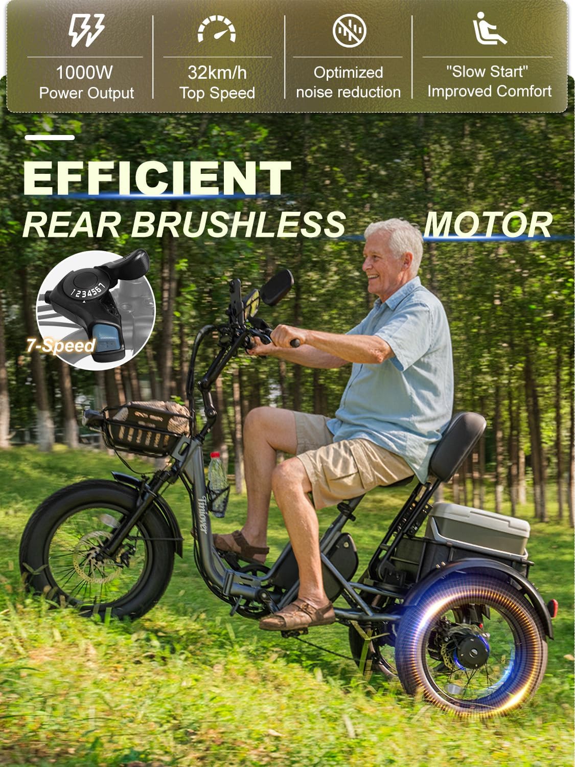 Folding Electric Tricycle for Adults 2 Seater, 22MPH 100 Miles 4" Wide Fat Tire Electric Trike, 3 Wheel Electric Bike 1200W, 48V 20AH Battery, 550LBS Load, Reverse, Parking, Differential, UL Certified