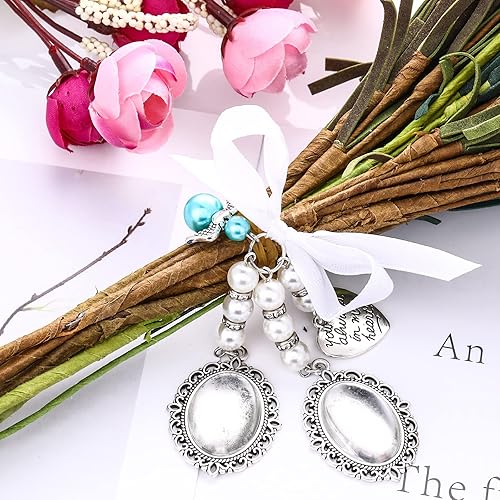 Miniatura 8 de Lusofie 1 ramo de boda para fotos de novia, para boda, lazo de memoria, perla de encaje, ovalado, ángel conmemorativo, dije de foto con texto en