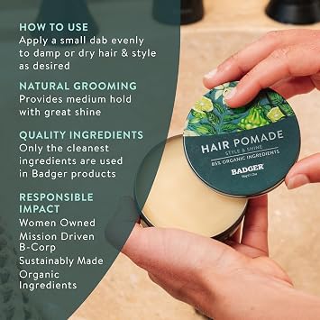 Badger Organic Hair Pomade for Men, 2 oz Tin (2-Pack)