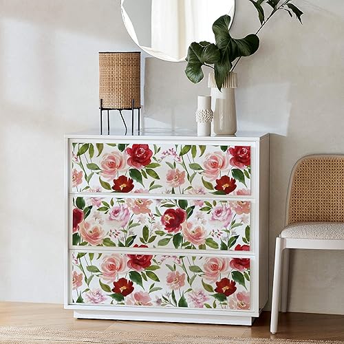 Miniatura 5 de UniGoos Papel tapiz autoadhesivo con diseño floral rojo de acuarela, papel de contacto temporal de flores rosas, papel de contacto decorativo