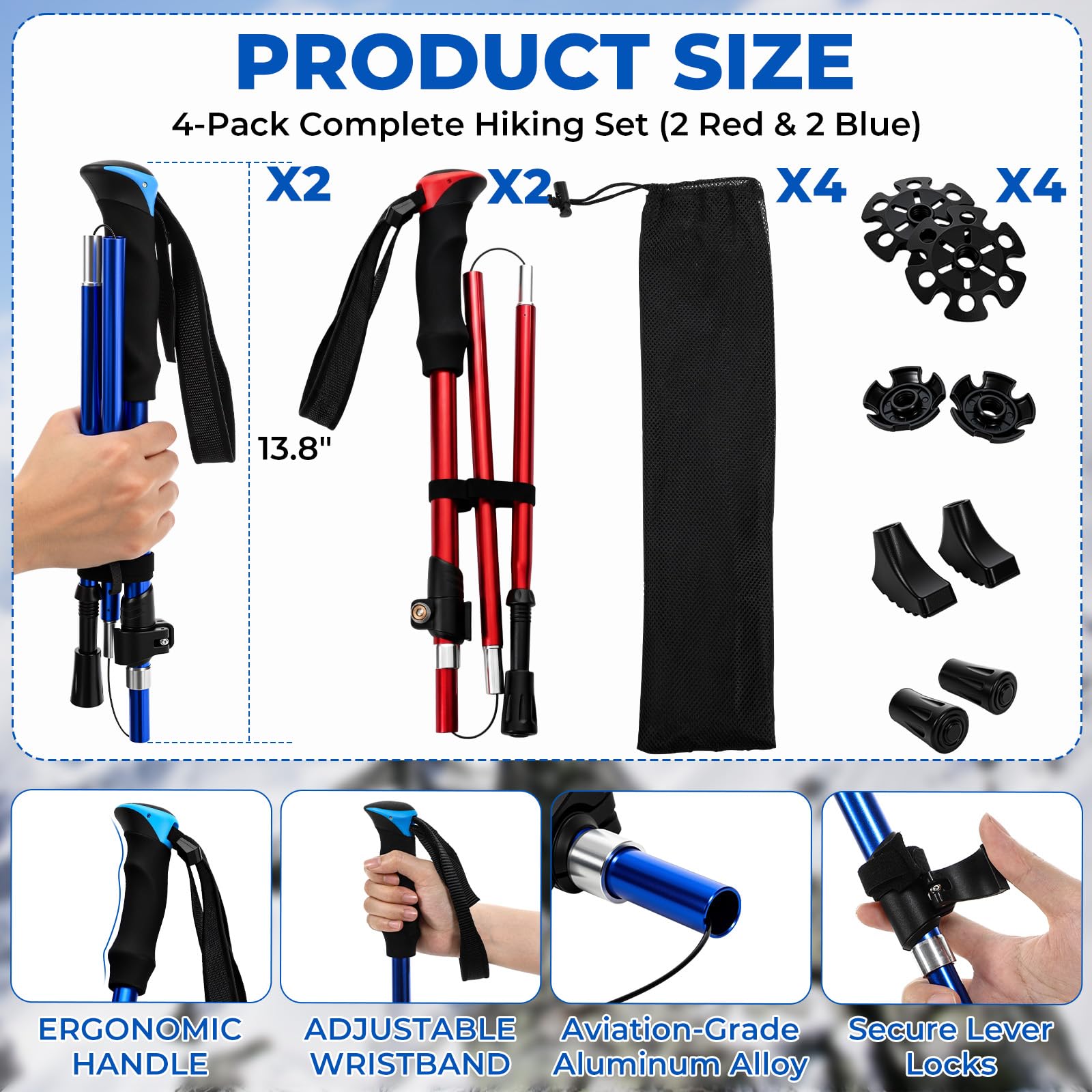 Juego de 4 bastones de senderismo plegables de aluminio, bastones de senderismo plegables ajustables, bastones de senderismo ligeros de viaje con bolsa de almacenamiento para adultos