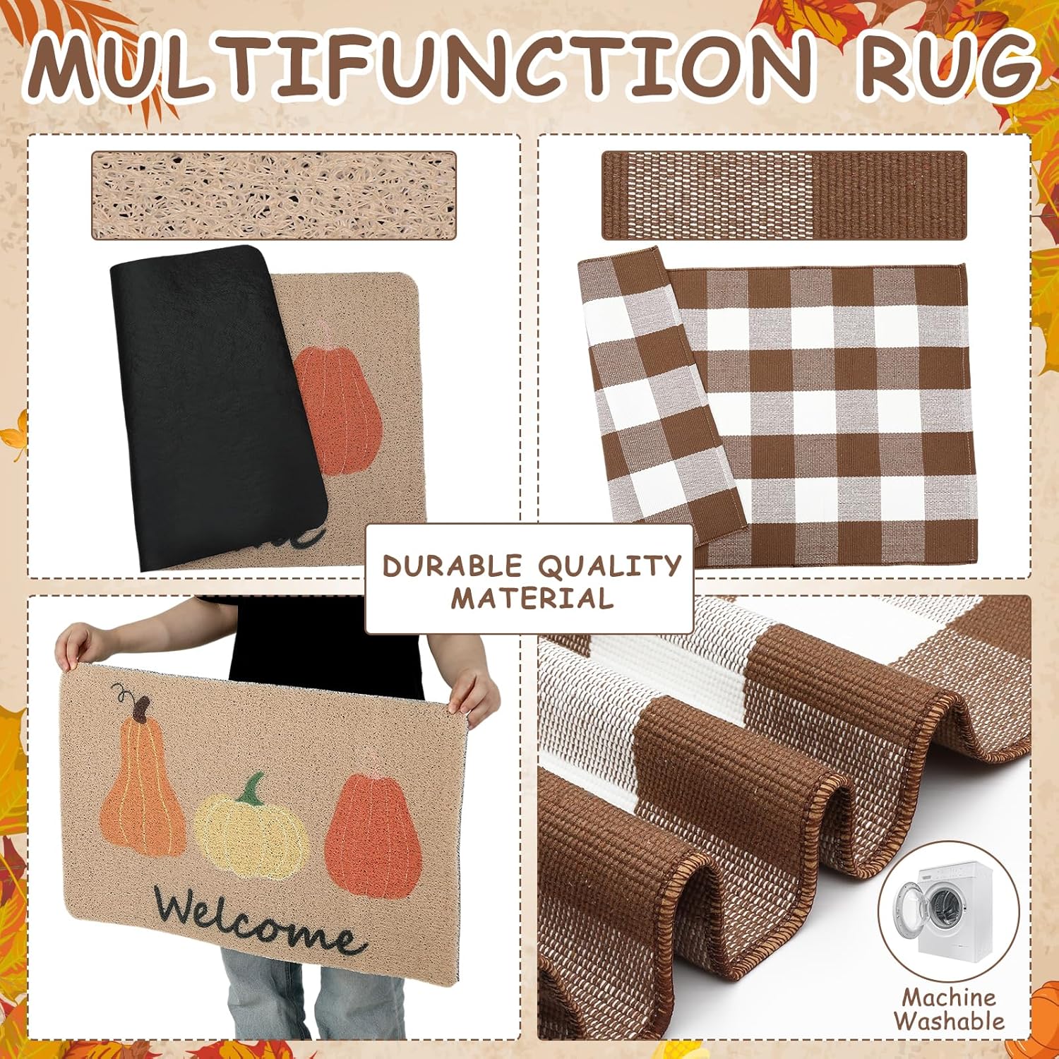 Nuanchu 2 Pcs Thanksgiving Rug for Front Porch Decor Doormat Combo Set, 100% Coir Pumpkin Welcome Mat and 27.5" x 43" Layered Buffalo Plaid Rug for Indoor Outdoors (Coffee, White, Plaid, Pumpkin)