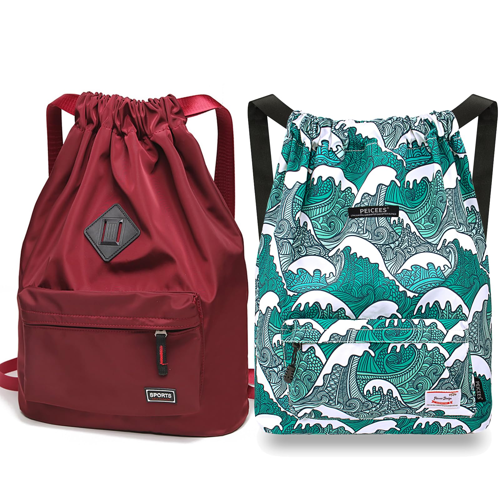 Peicees Pack of 2 Waterproof Drawstring Sport Bags Lightweight Sackpack Backpack for Men and Women, Wine Red and Sea Wave