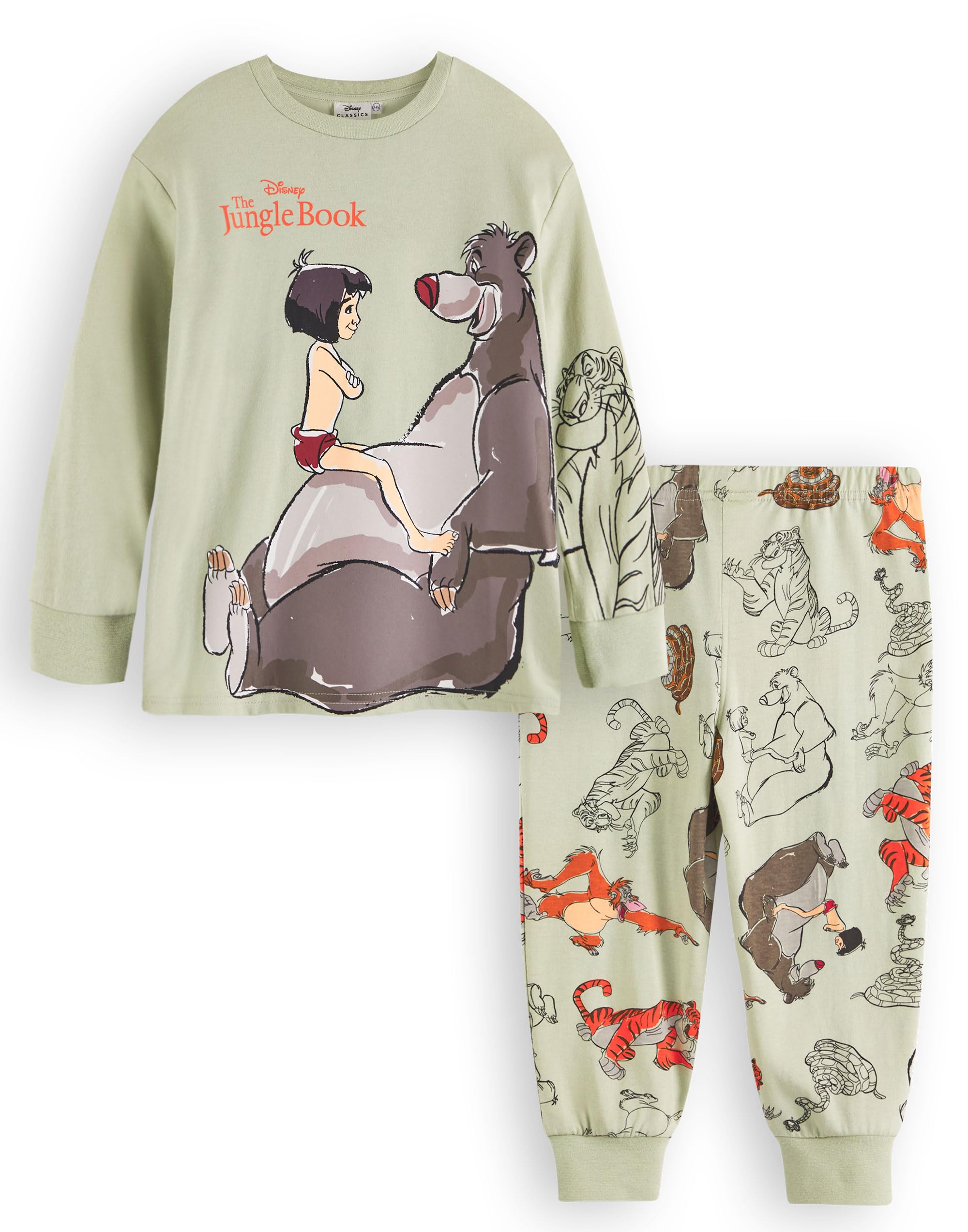 Disney The Jungle Book Boys Pyjama Set | Kids Long Sleeve Long Leg Graphic PJs in Green | Mowgli Baloo Shere Khan King Louie Kaa Character Nightwear | Original Movie Artwork Pajama Merchandise Gift