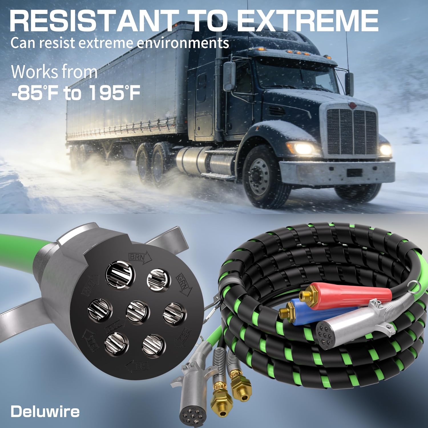 Deluwire 12FT 3 in 1 Semi Truck Air Line Kit with Glad Hands, Handles and Seals, Air Hoses Wrap 7 Way Trailer Cord Power Air Line, Trailer Cord and Air Hoses Assembly for Semi Trucks Trailer Tractor