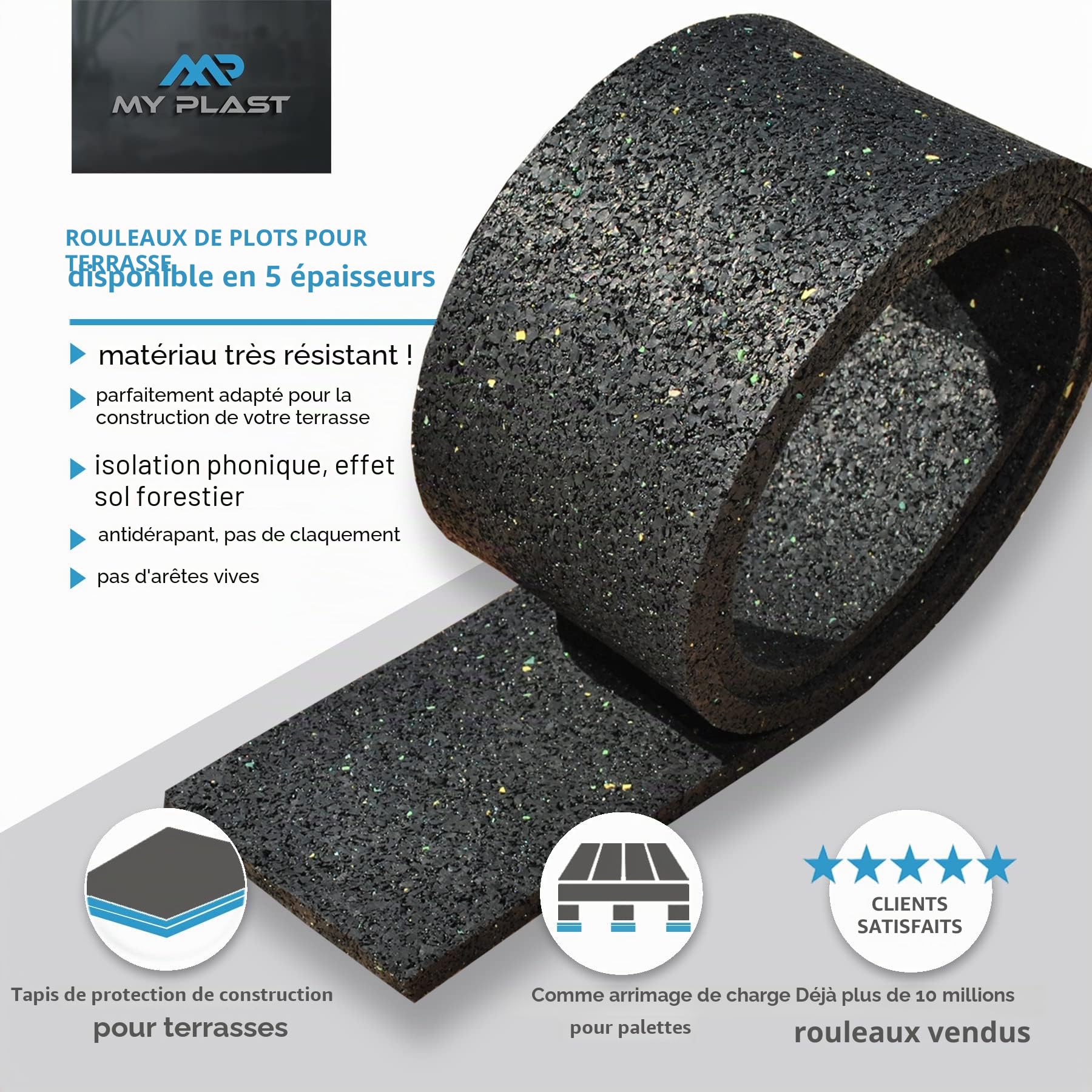 My Plast Lot de 2 Rouleaux 10000 x 80 x 10 mm Bande Caoutchouc – Rouleau Support pour lambourdes – Antidérapant, Anti-Vibrations, Drainage et Isolation – pour terrasse Bois et WPC extérieur