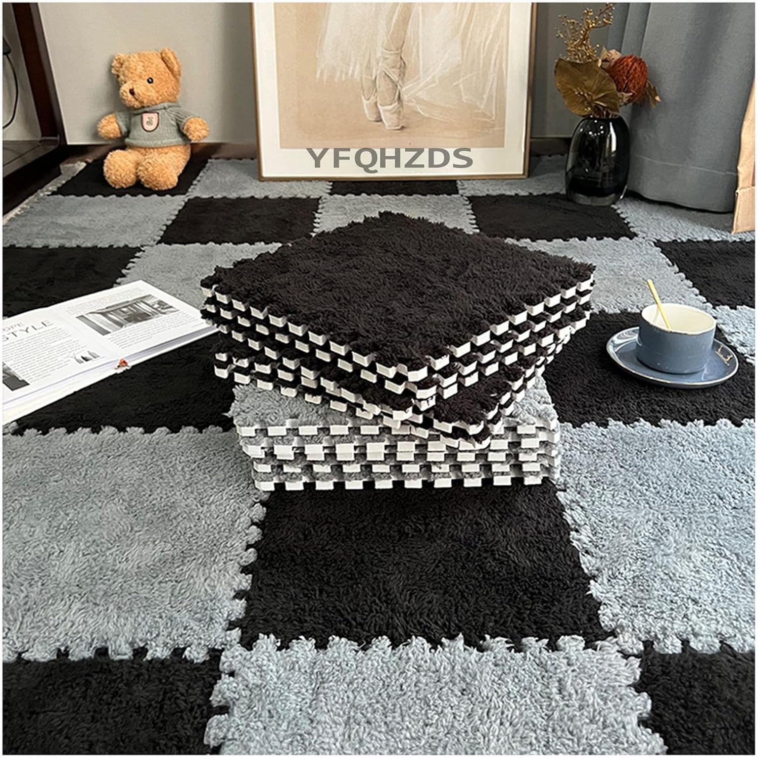 JvFbjLF Plush Foam Floor Mat 30pcs 30&60cm Square Puzzle Rugs Interlocking Foam Tiles(Gray+Black,30x30x0.6cm)