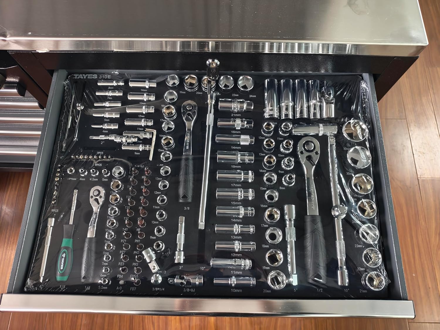 Car Repair Tools 405 Piece Set, 7-Tier Drawer Movable Tool Car with Brake Pedal, Cold Rolled Steel, Grey, 680 x 460 x 860 mm, Includes Ratchet Wrench and Socket Set (405)