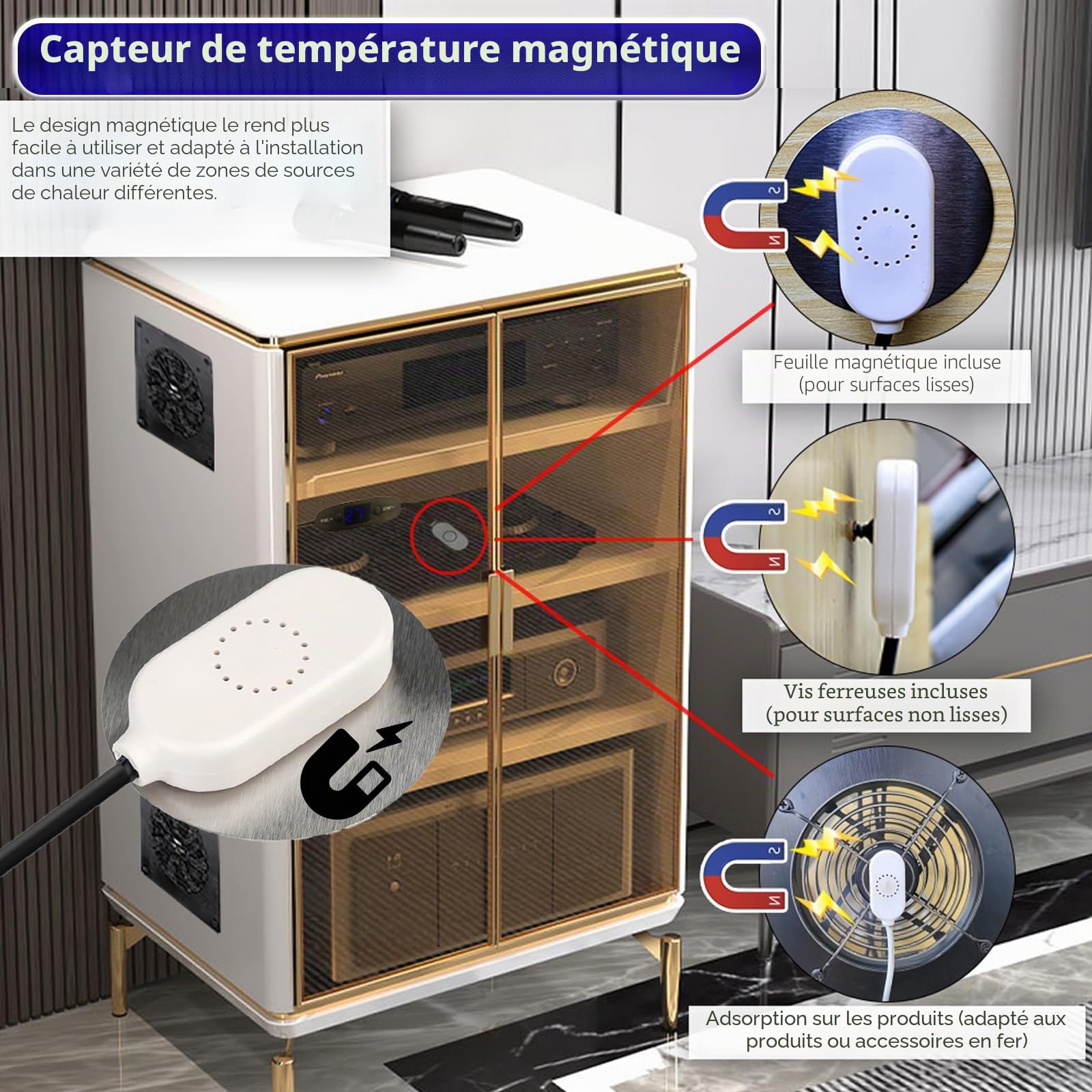 Ventilateur USB 80 mm, affichage numérique régulation de température Système de ventilation silencieux, ventilateur 5V, ensemble 2-en-1, avec cadre en aluminium noir pour meuble AV home