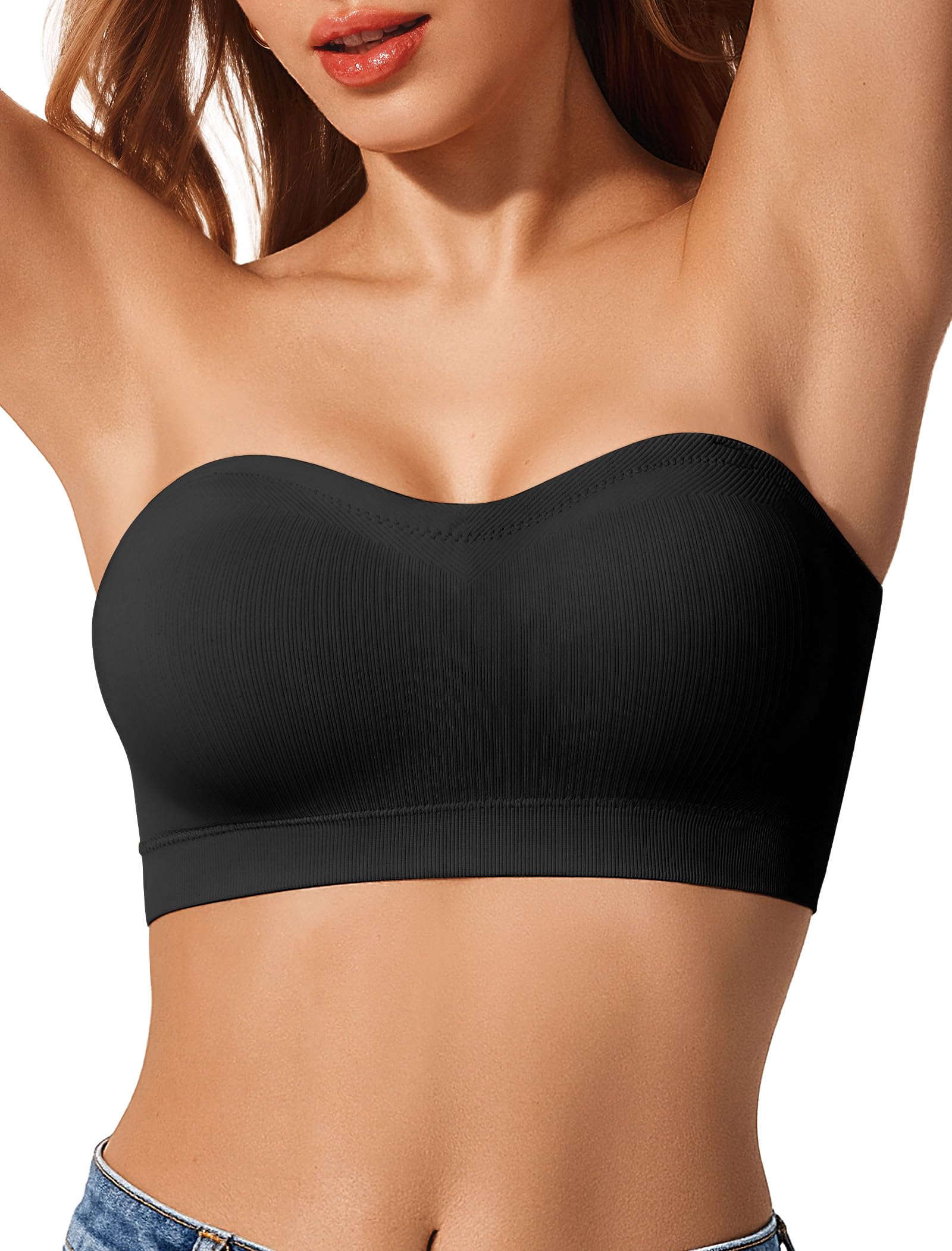 Photo 1 of LetsJoli Strapless Push Up Bras for Women Support Bandeau Bra Wireless Seamless Comfortable Non Slip Tshirt Bras Black