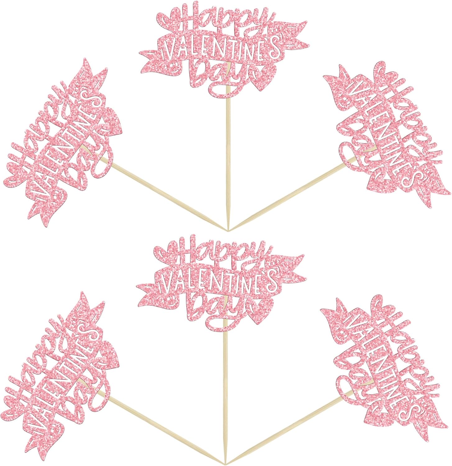 Ephlyn 24Pcs Happy Valentine's Day Cupcake Toppers Glitter Sweet Love Heart Valentines Day Cupcake Pick Decorations for Valentine's Day Theme Wedding Party Decorations Supplies Pink - Image 3