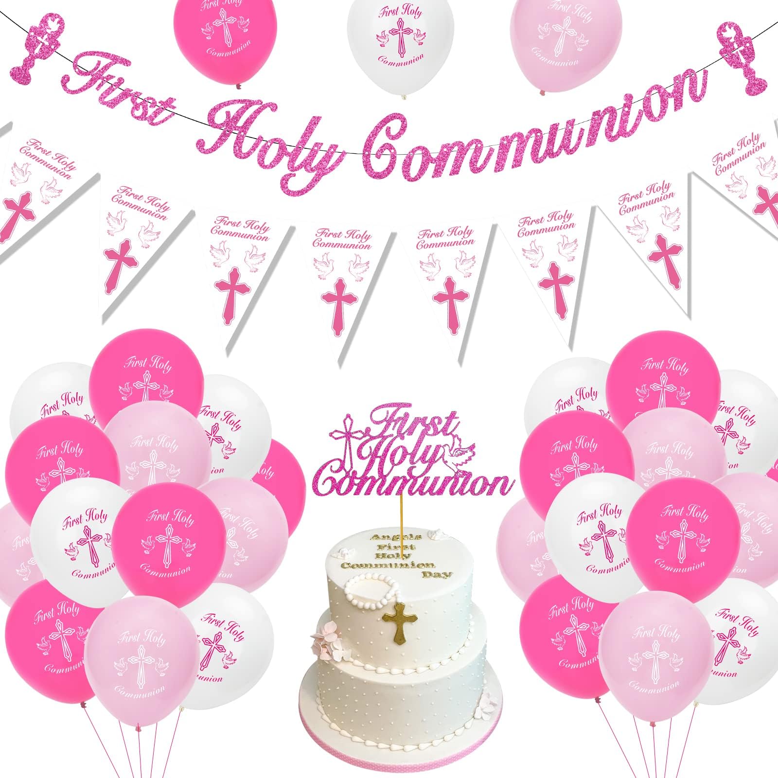 Holy Communion Decorations, First Communion Decorations Confirmation Decorations,Pink Banner Pennant Bunting,Balloons,Cake Topper for Girls Communion Christening Gift