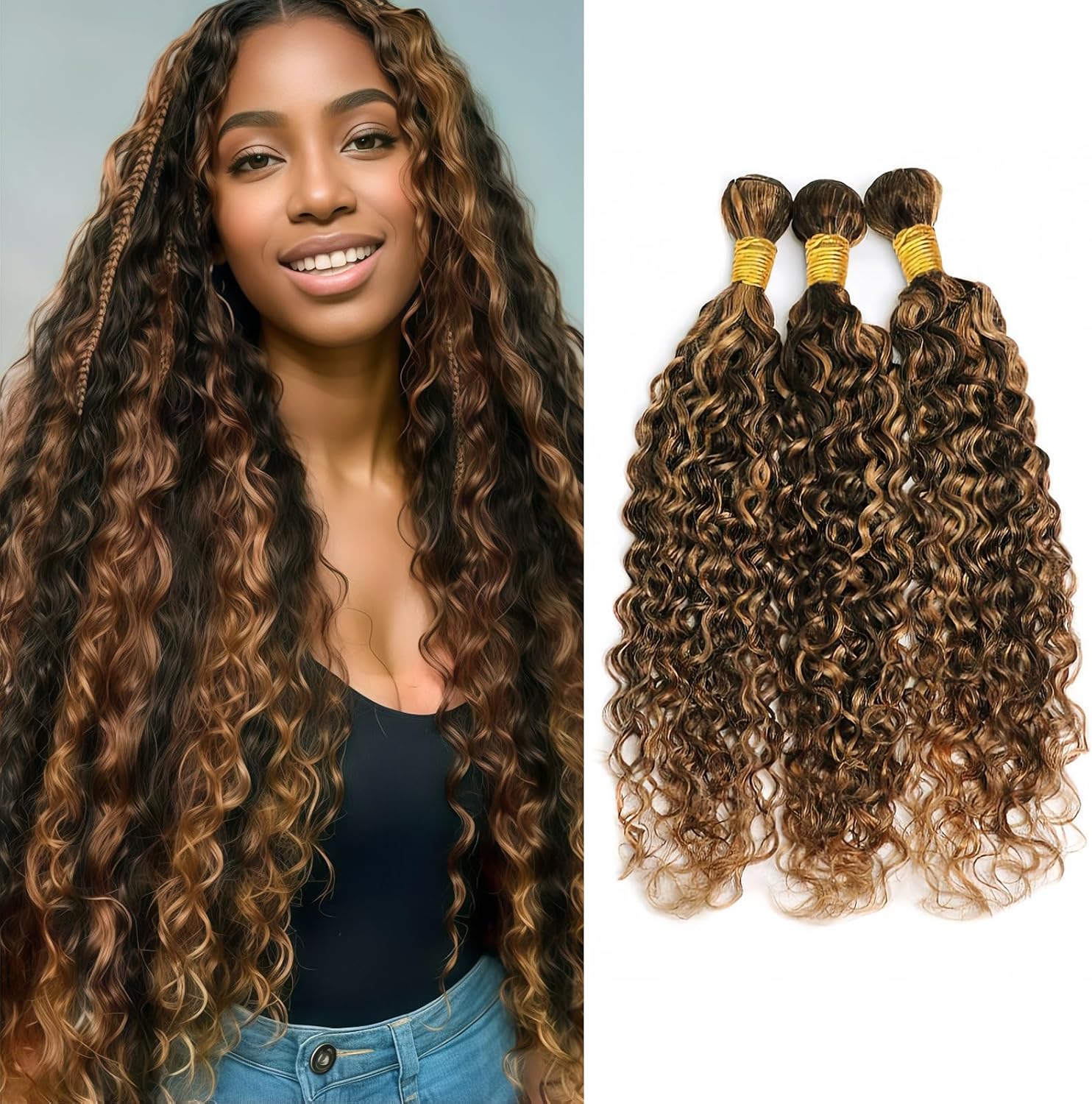 KODRHAR Highlight Brown Human Hair Bundles 20 22 24 Inch Light Brown Curly Bundles Human Hair Brazilian Virgin Remy Jerry Curly Hair 3 Bundles P4/30 Color
