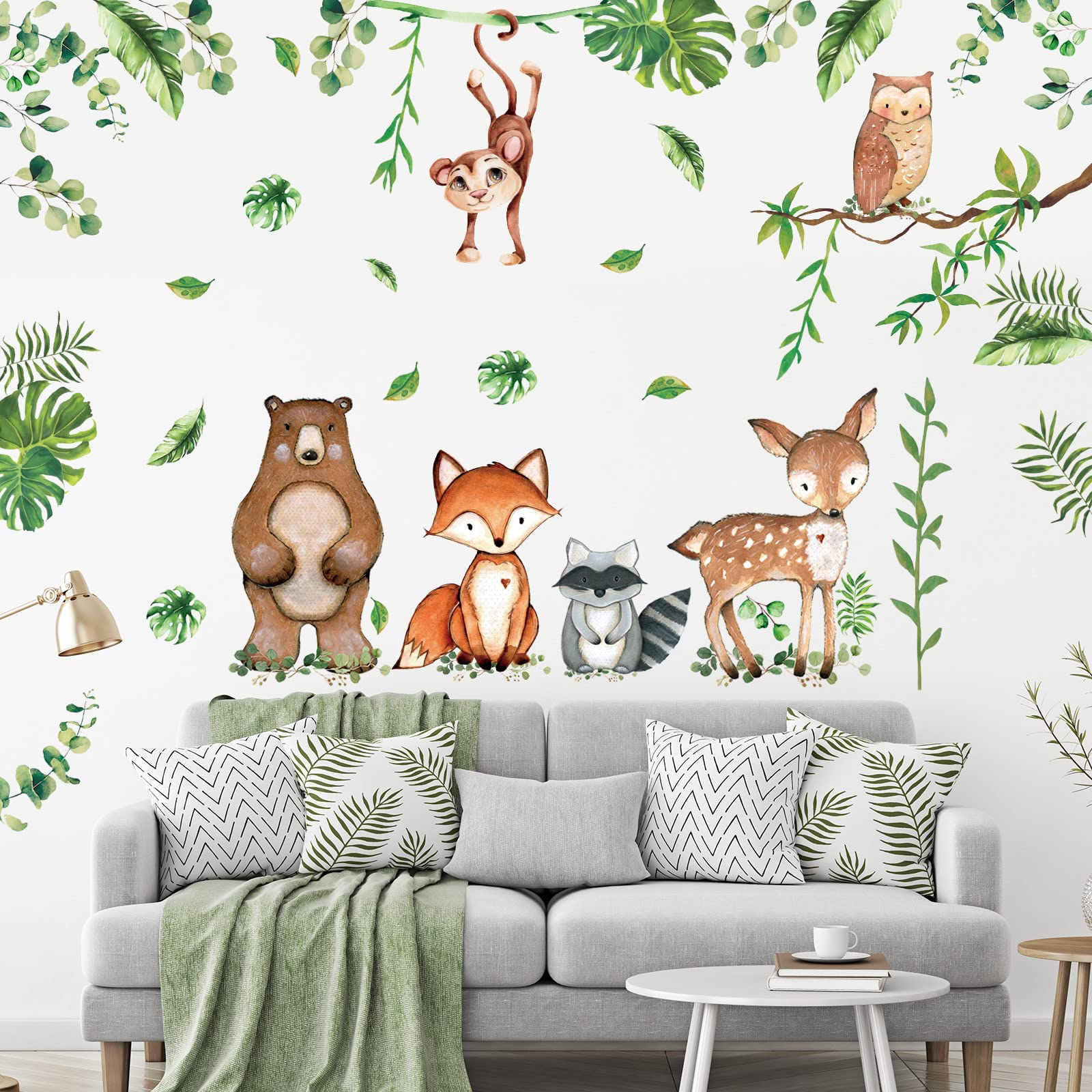 Whaline Jungle Animals Wall Decals Safari Animals Wall Stickers Bear Fox Raccoon Owl Deer Monkey Green Leaves Wall Stickers for Baby Nursery Room Living Room Wall Decorations, 2 Sheets