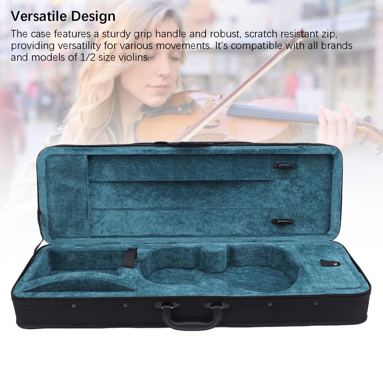 Estuche para Violín, Estuche de Viaje para Violín 1/2 con Correas Ajustables para los Hombros, Cojín de Felpa de Terciopelo, Estuche Rígido Liviano y Oblongo para Violín (Negro)