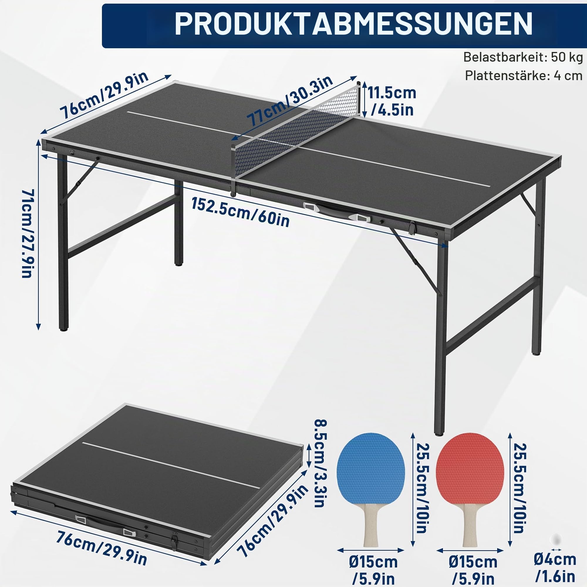 UISEBRT Mini Tischtennisplatte klappbar 152.5x76cm, MDF Tischplatte mit Metallgestell, komplettes Ping Pong Set mit 2 Schlägern 5 Bällen Netz Tasche, Indoor & wettergeschützter Outdoor Tisch
