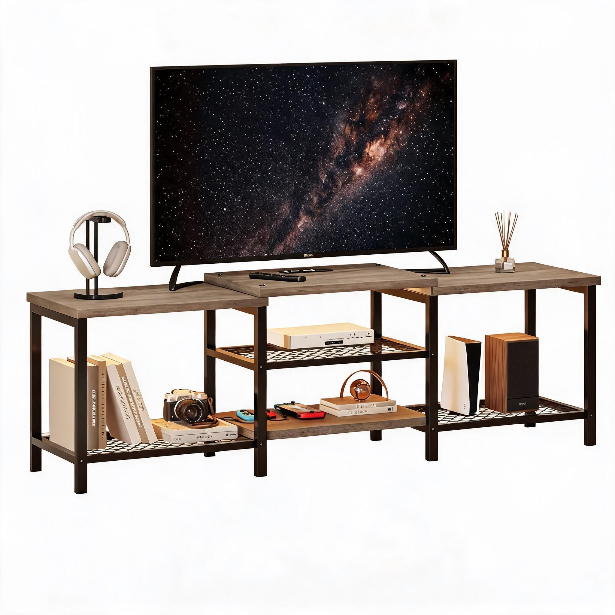 Mobile TV grigio 170cm con presa, struttura metallo per soggiorno | Struttura in metallo resistente, presa integrata per ricarica, ripiano aperto per dispositivi, gestione cavi ordinata