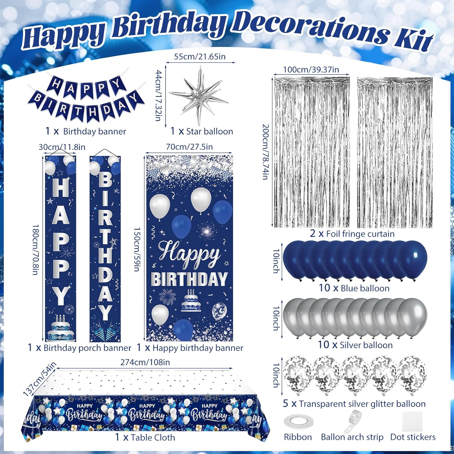 Blue Birthday Decorations for Men Women, Navy Blue and Silver Happy Birthday Decorations, Happy Birthday Banner Balloons Tablecover Fringe Curtain Porch Door Banner for Mens Boy Bday Party Supplies - Image 2