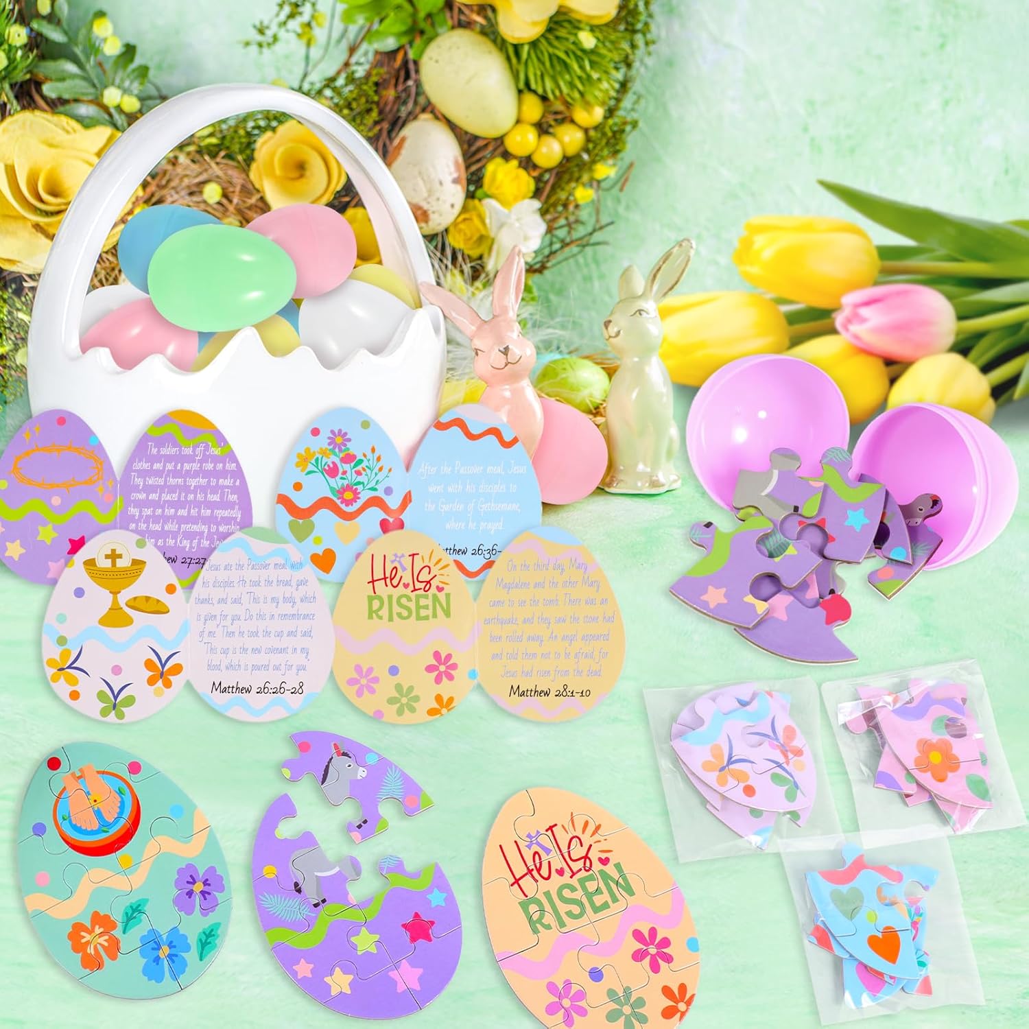 12 Pcs Resurrection Eggs with Matching Religious Easter Story Cards & Easter Puzzle Jesus Story Eggs for Easter Egg Hunt Basket Stuffers Fillers Sunday School Classroom Activities Christian Gifts - Image 2