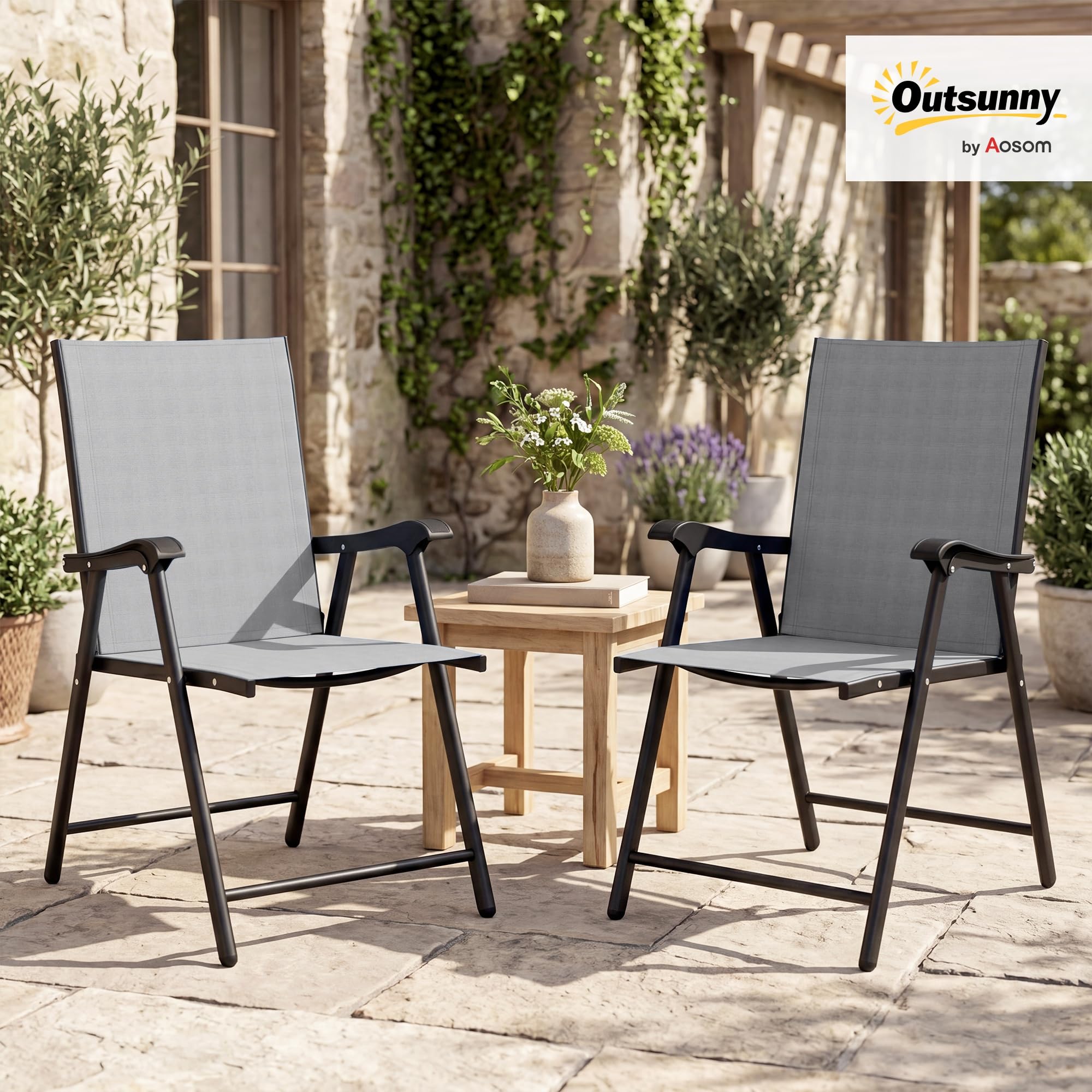 Outsunny Set di 2 Sedie da Giardino Pieghevoli, Sedie da Pranzo per Esterni con Schienale Alto e Braccioli, Tessuto Traspirante Texteline e Telaio in Acciaio per Terrazzo e Balcone, Grigio Chiaro
