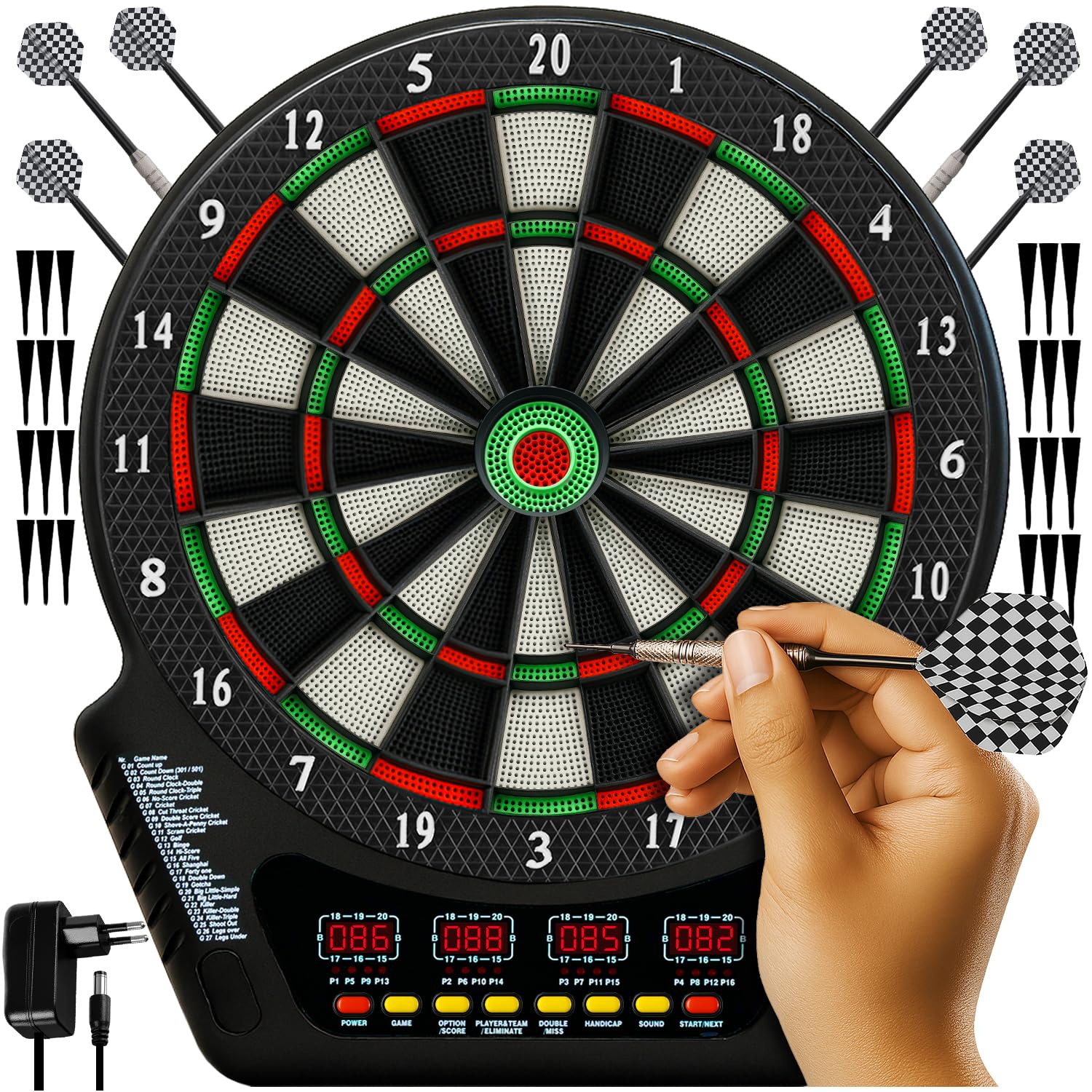 Diana electrónica TRIZAND – 27 juegos, 243 modos – 1 – 16 jugadores – 4 pantallas LCD – Volumen 8 niveles – Juego de puntas suaves: 6 dardos + 24 puntas de repuesto – Red y pilas – Montaje en pared