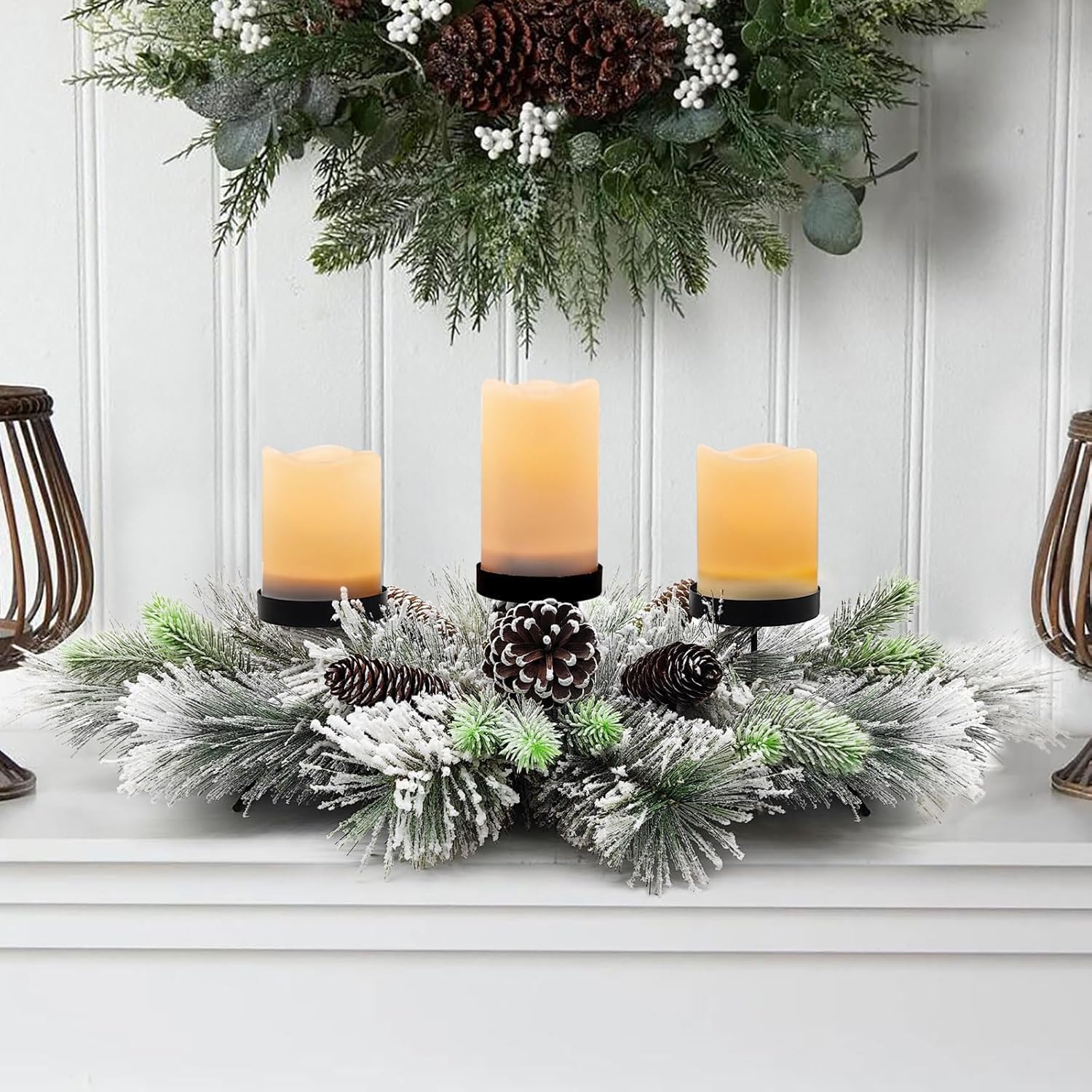 Taylor & Brown Winter Frost Christmas Table Candle HolderSnow-Dusted Pine & Evergreen CenterpieceElegant Dining Table Decor from B&Q